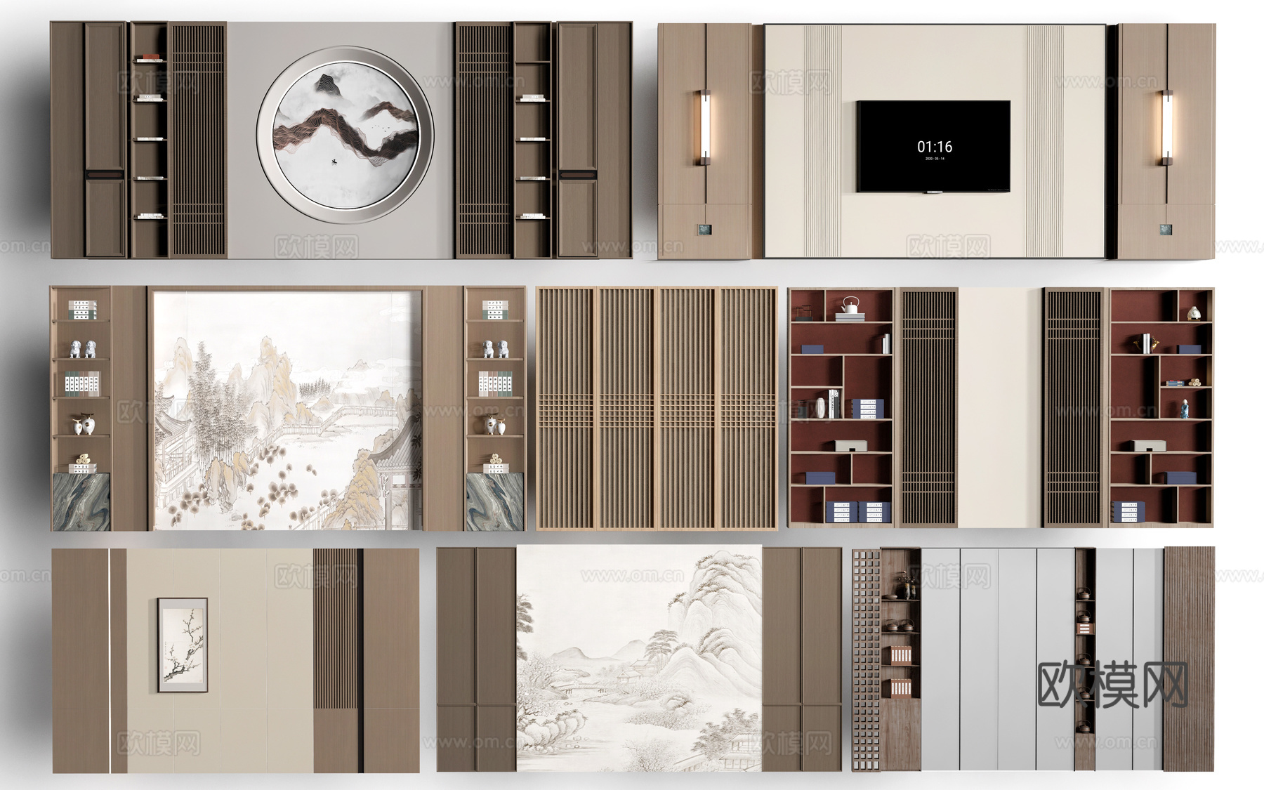 新中式餐厅背景墙 包厢背景墙 客厅背景墙su模型