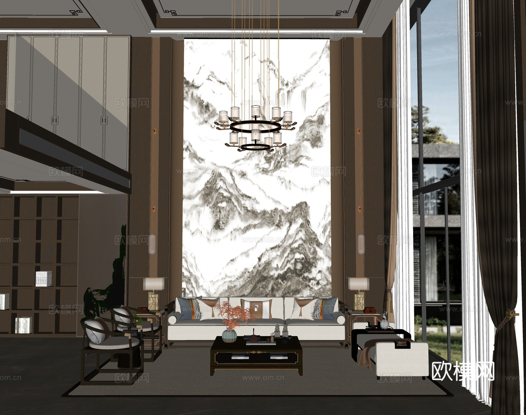 新中式复式别墅客厅su模型