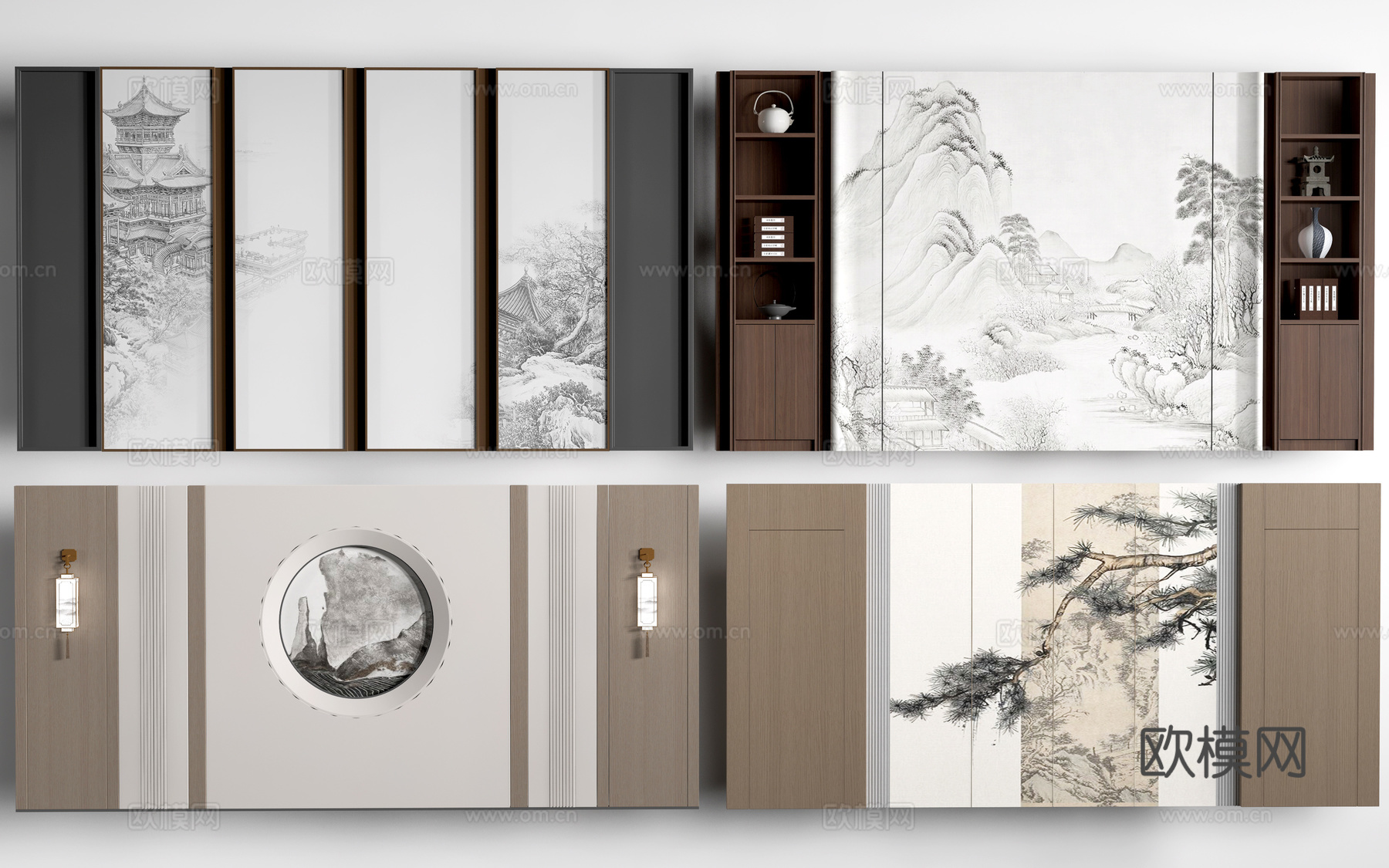 新中式餐厅背景墙 包厢背景墙 客厅背景墙su模型