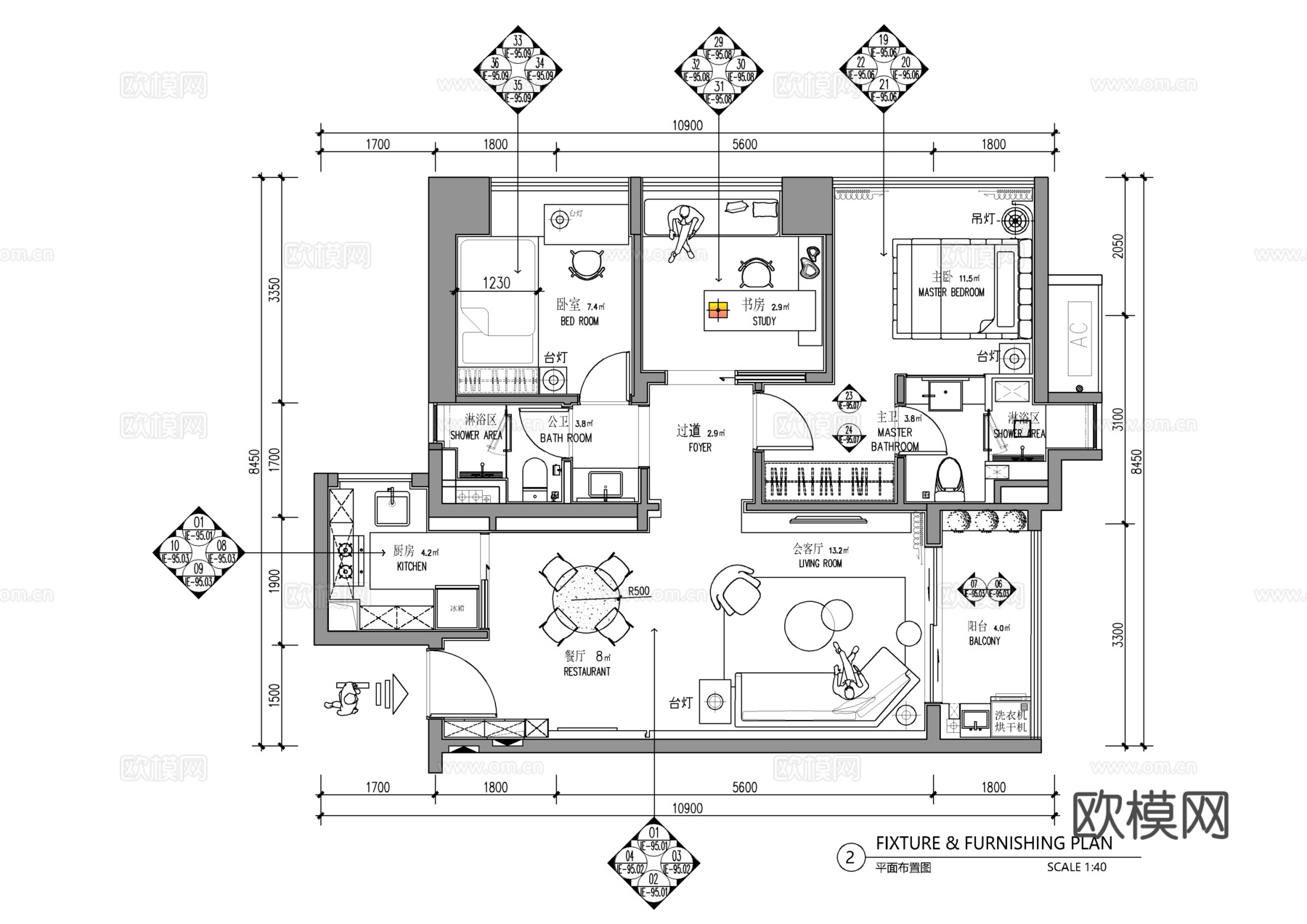 95㎡四居室家装全套施工图 CAD平层施工图 样板房公寓私宅cad施工图