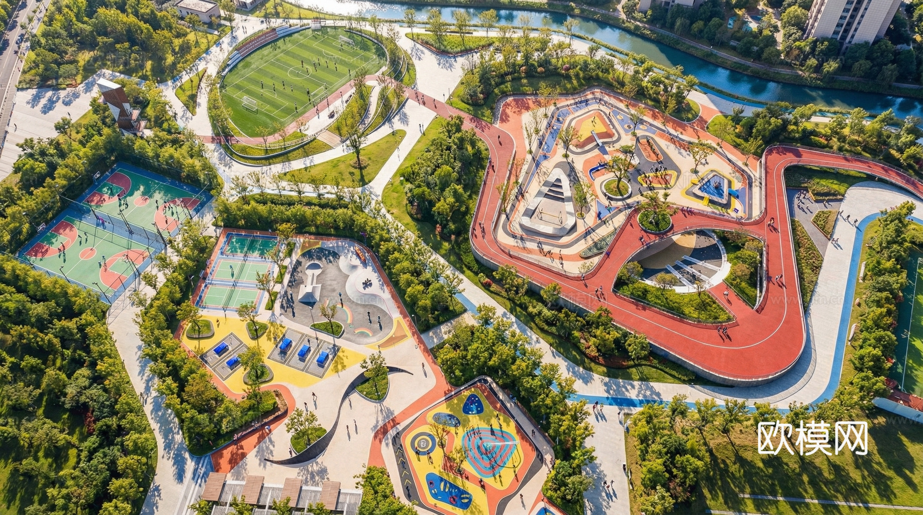 现代体育公园景观_廊架_运动设施su模型