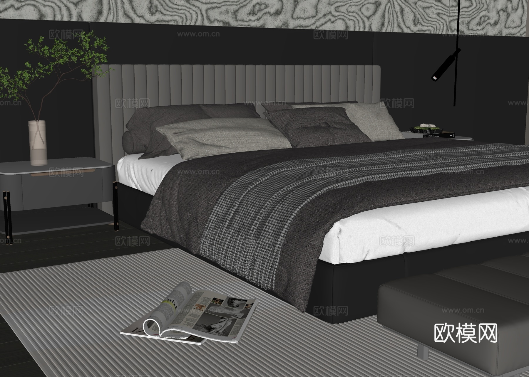 现代双人床su模型
