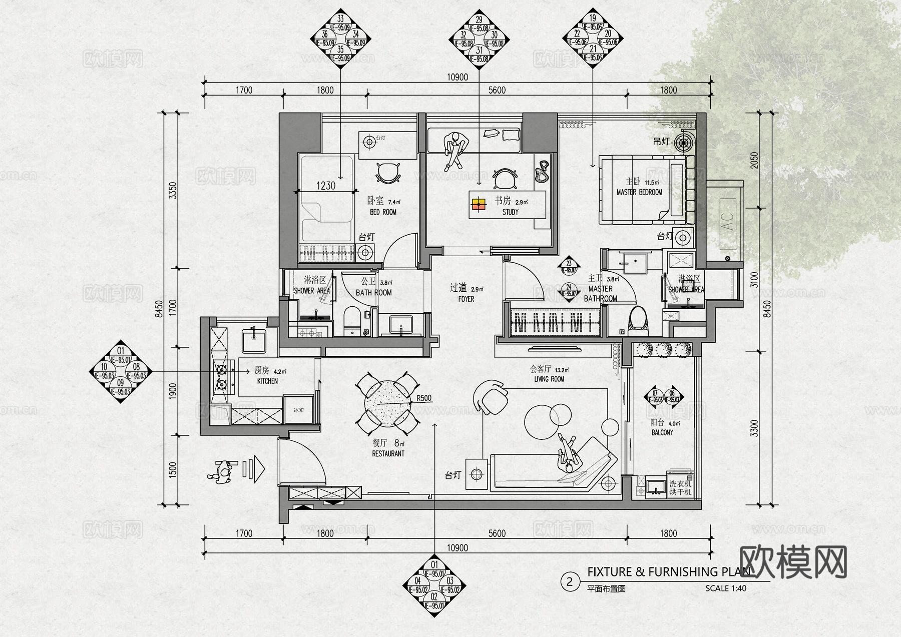 95㎡四居室家装全套施工图 CAD平层施工图 样板房公寓私宅cad施工图