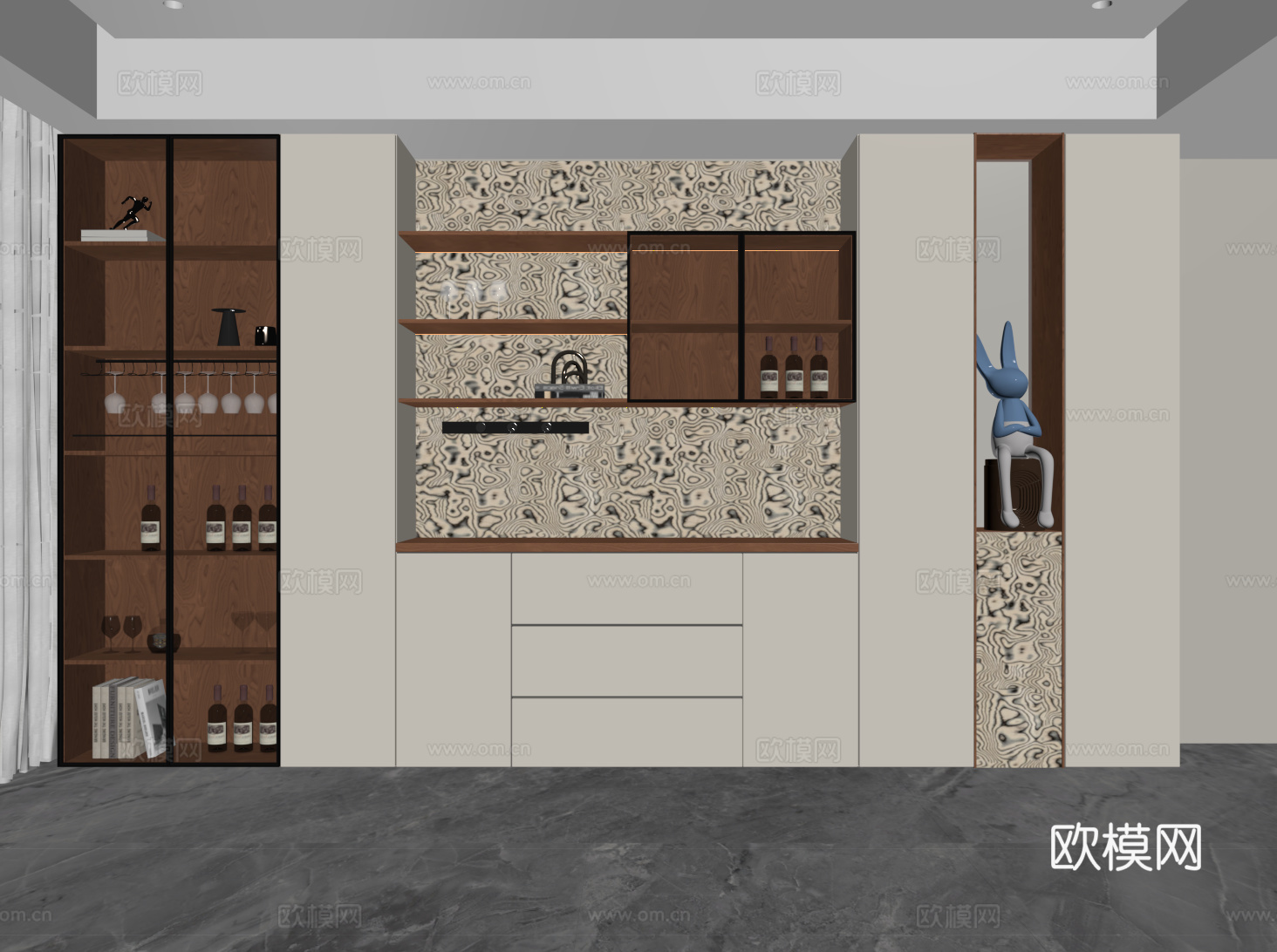 现代中古定制酒柜 满墙酒柜su模型
