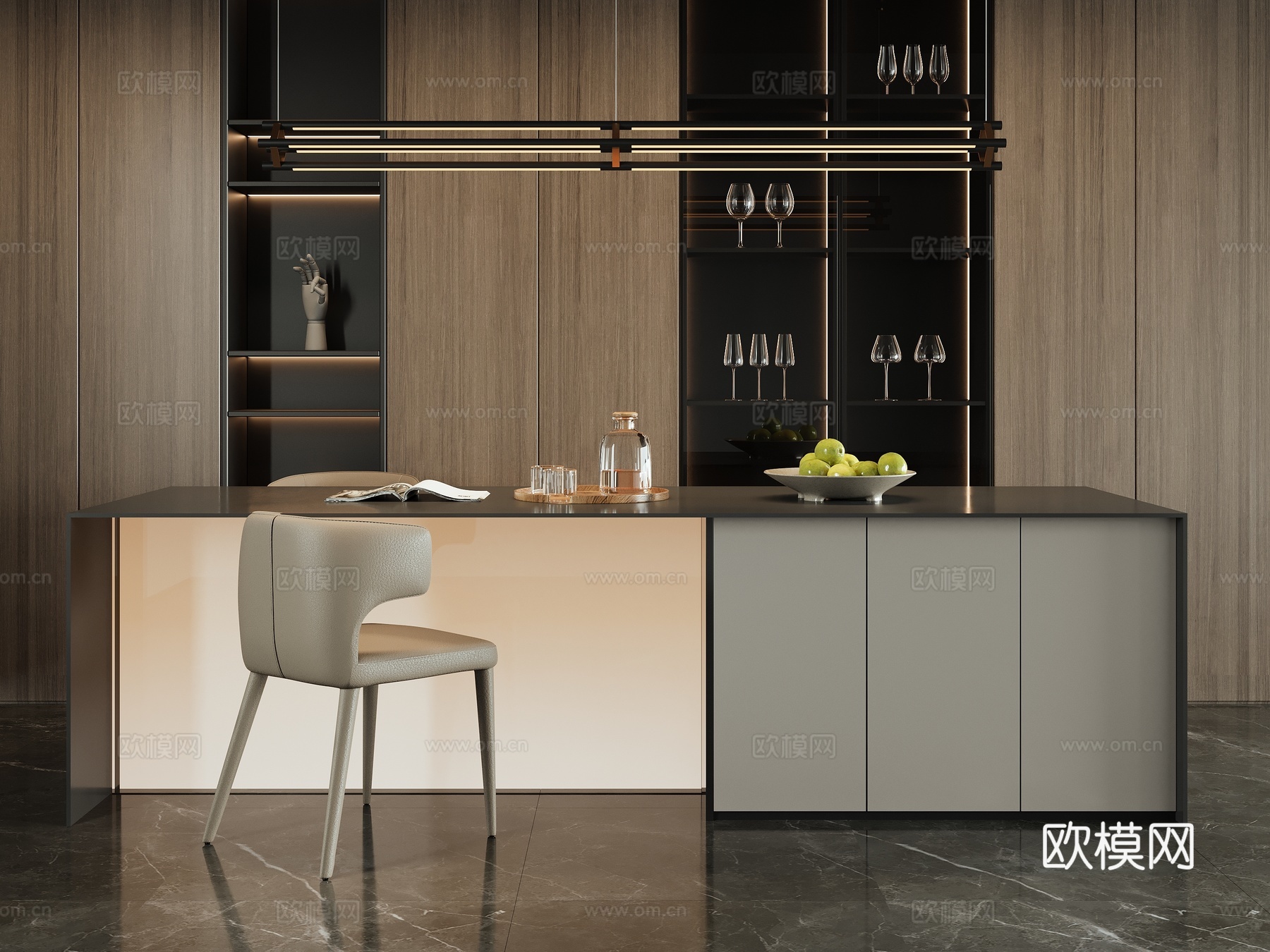 现代岛台餐桌椅su模型