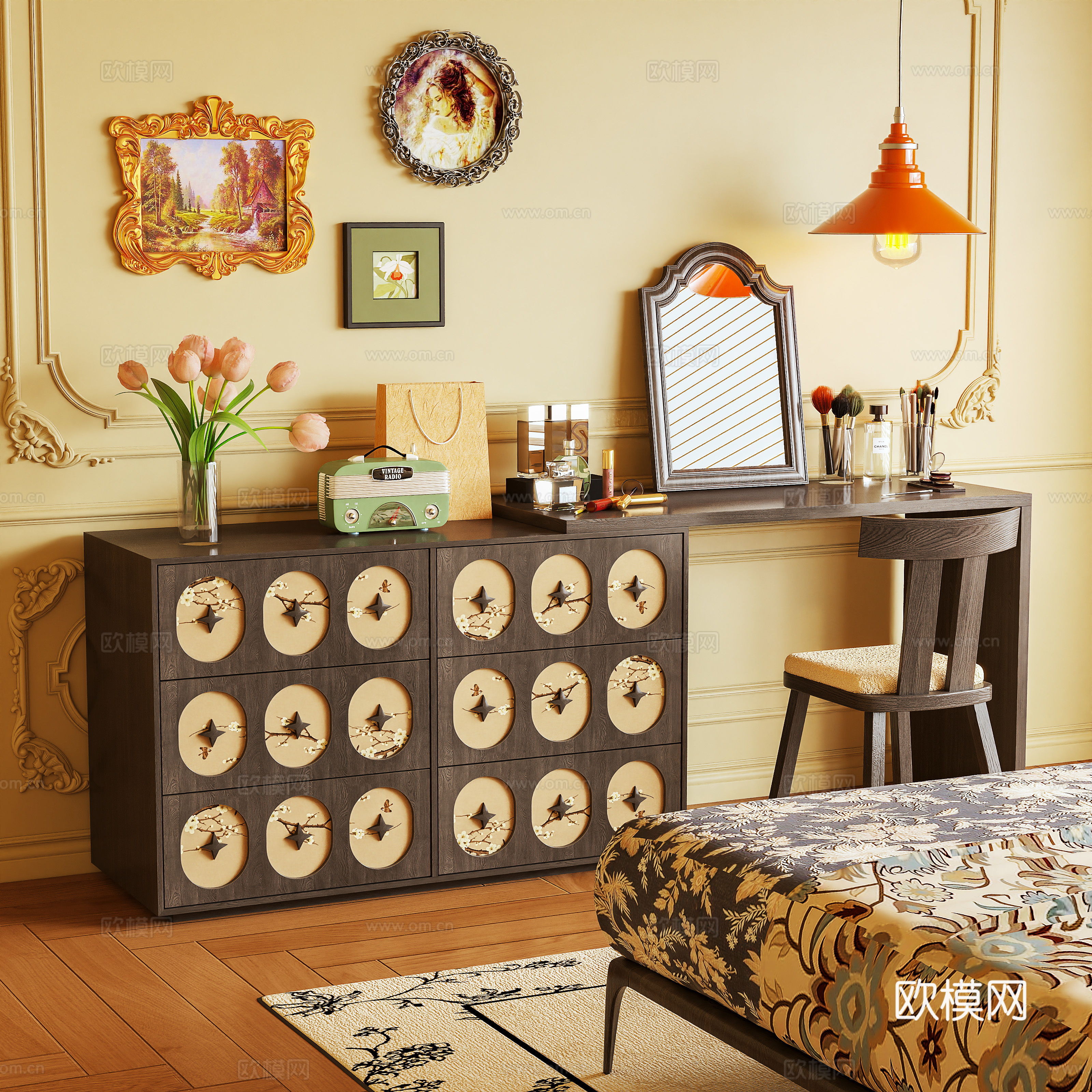 梳妆台 梳妆柜 化妆桌 储物柜 转角柜 化妆品 装饰画3d模型