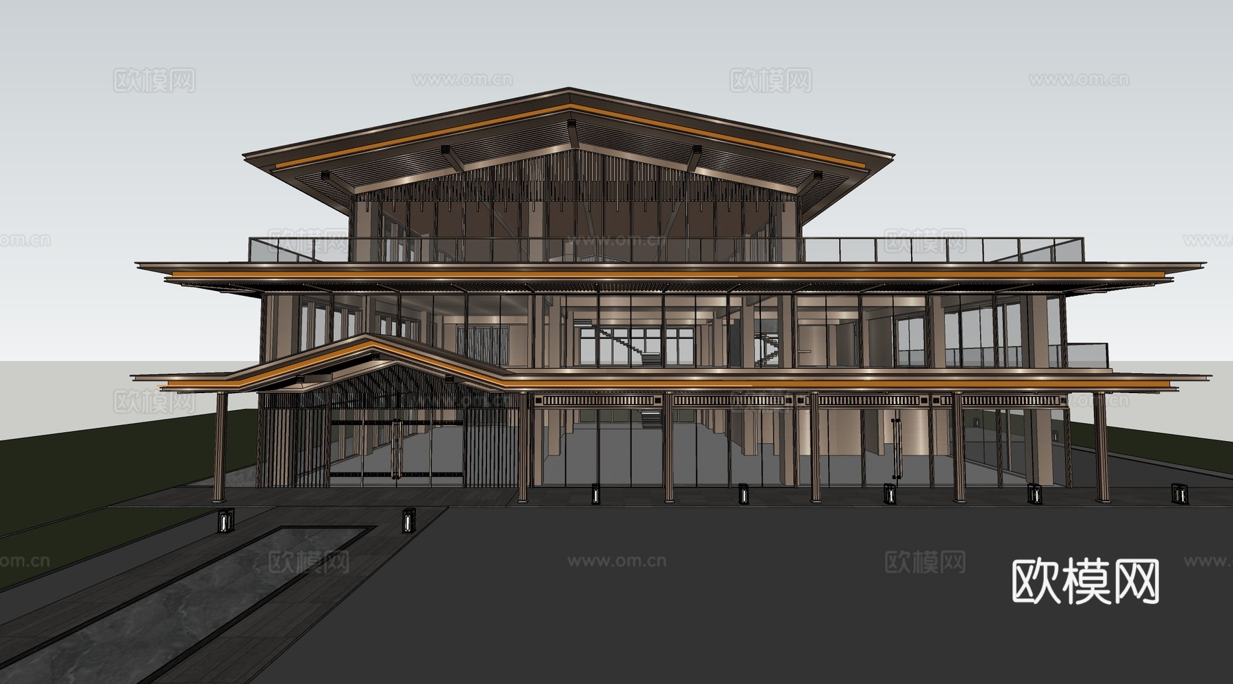 新中式售楼处建筑 售楼部建筑su模型