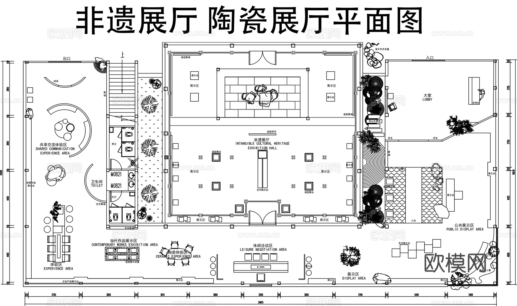非遗展厅陶瓷展厅平面图cad施工图下载（渲染图1）
