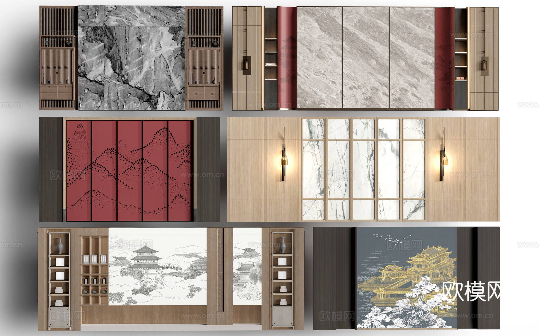 新中式餐厅背景墙 包厢背景墙 客厅背景墙su模型