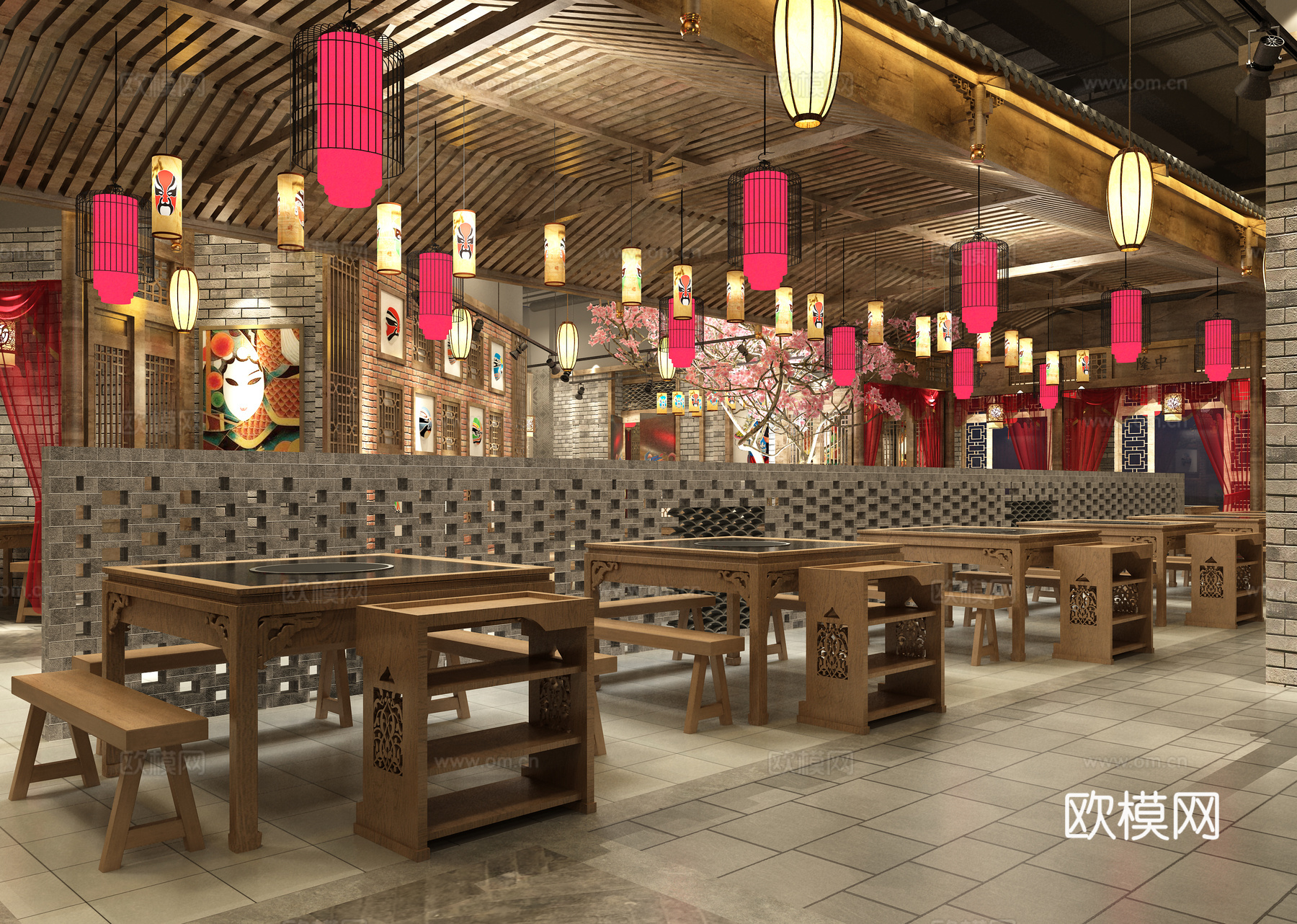 禅意中式火锅店 门头 餐桌椅 吊灯3d模型