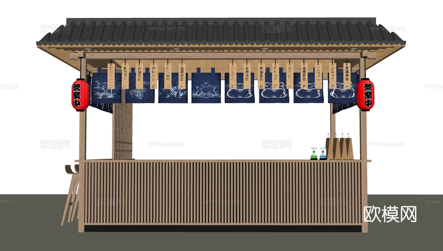 现代外摆摊位 售卖亭 售货摊位 小吃摊su模型