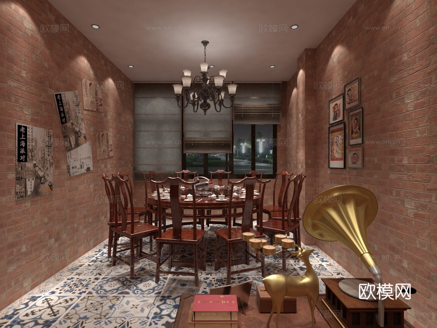 其他混搭老上海龙虾馆包厢 吊灯 餐桌椅 沙发茶几3d模型