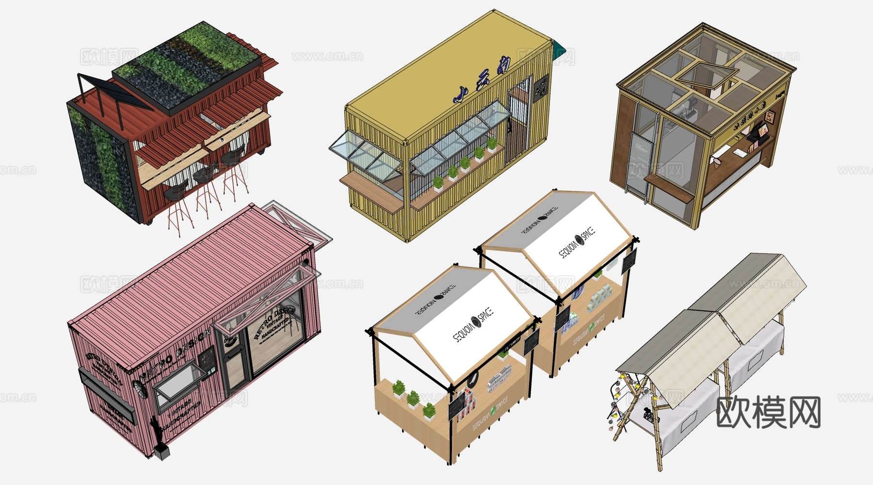 现代外摆摊位 售卖亭 售货摊位 小吃摊su模型