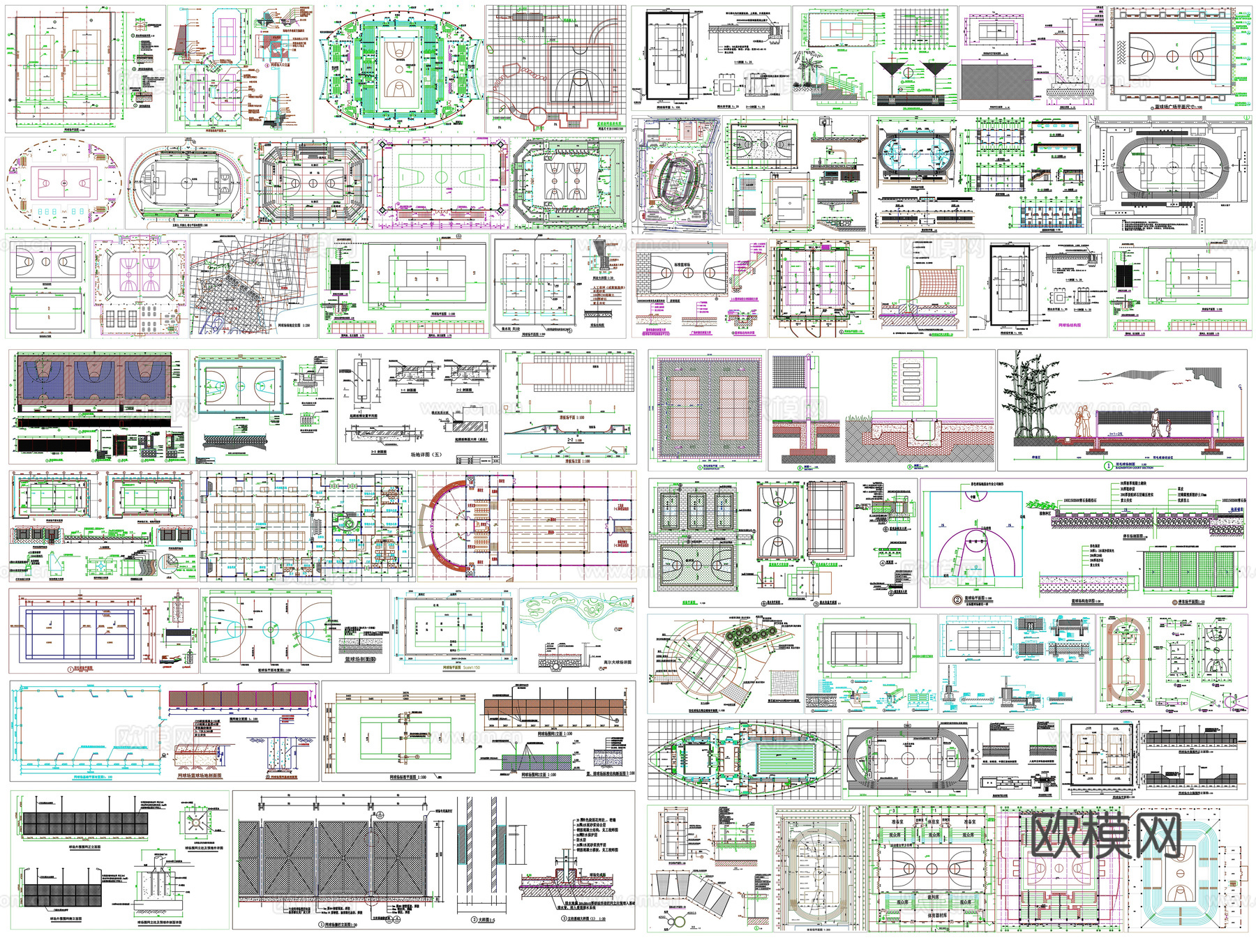 体育健身球场篮球场羽毛球场地网球场地跑道足球场地CAD素材cad施工图