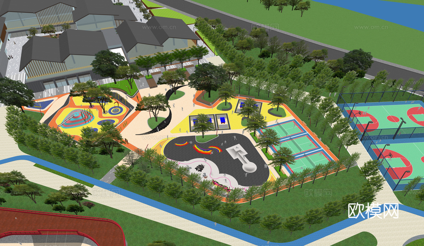 现代体育公园景观_廊架_运动设施su模型