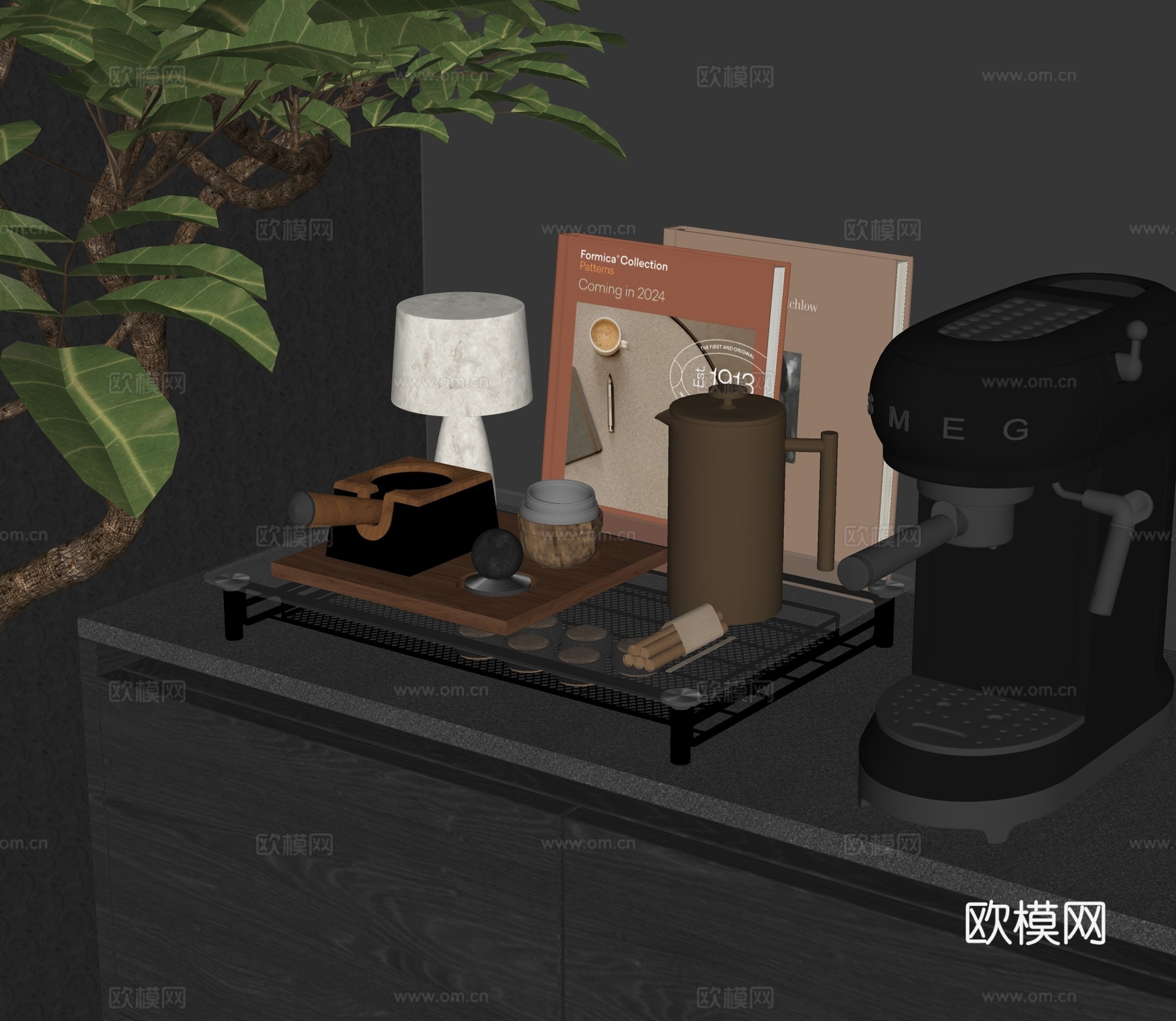 现代咖啡机书籍台灯su模型