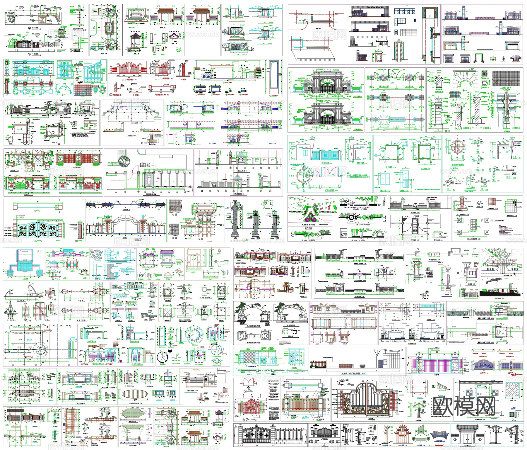 企业大门铁门金属门中式大门CAD素材图库cad施工图下载
