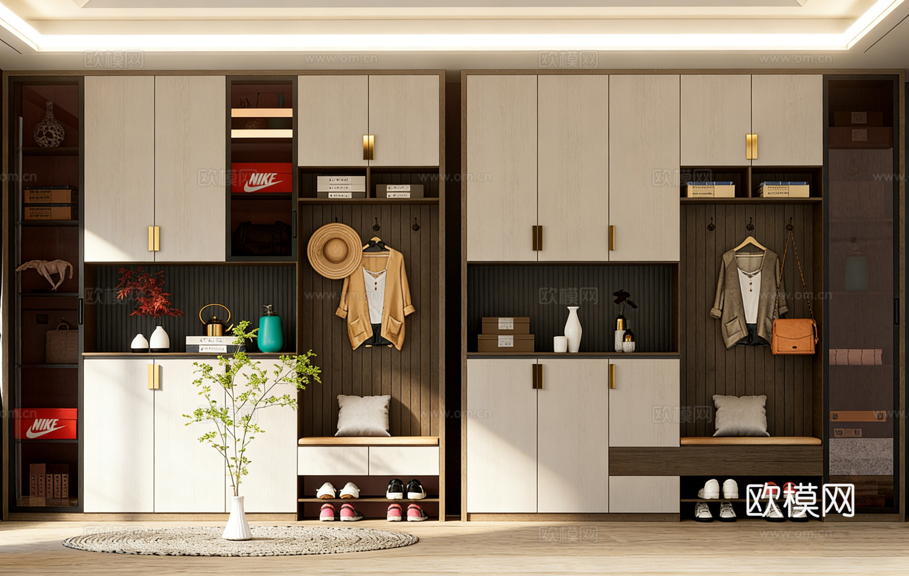 现代简约墙面挂衣区 挂钩板 玄关衣柜 装饰藤编草帽 墙面挂件su模型