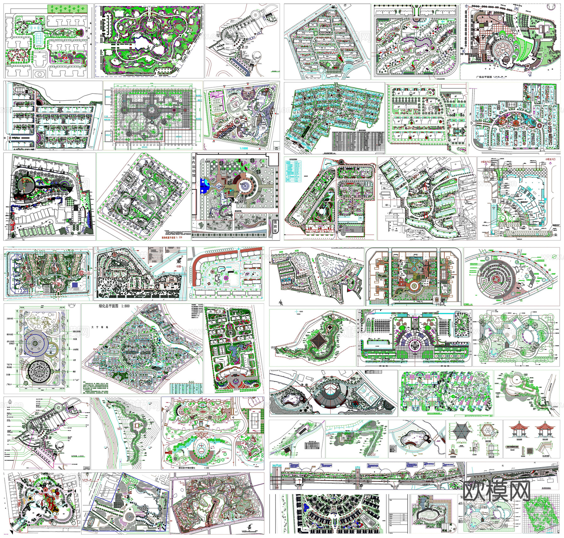 园林景观公园游园湿地广场庭院花园绿化平面布局图CAD素材图库cad施工图