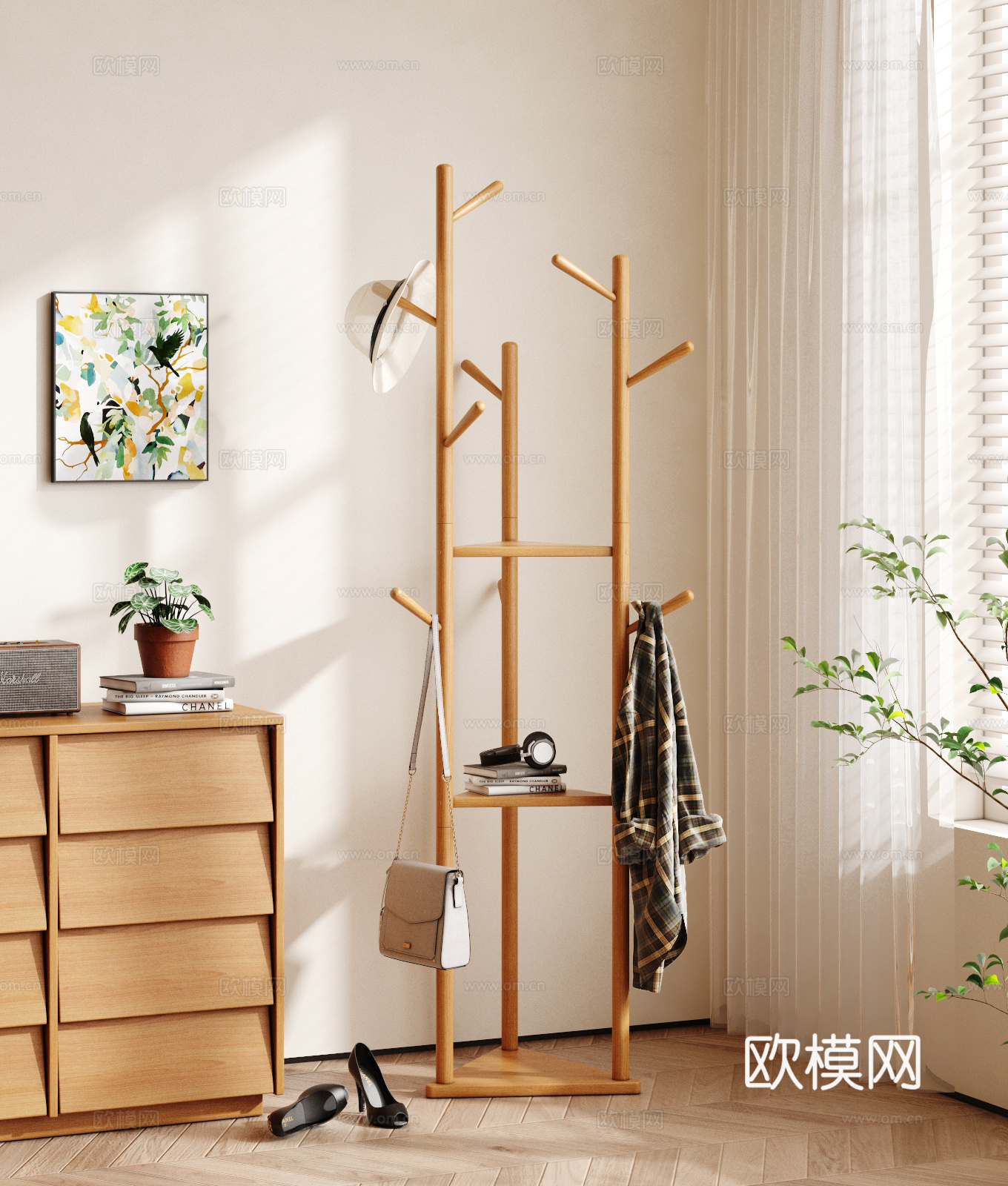 实木衣帽架 原木风挂衣架3d模型下载