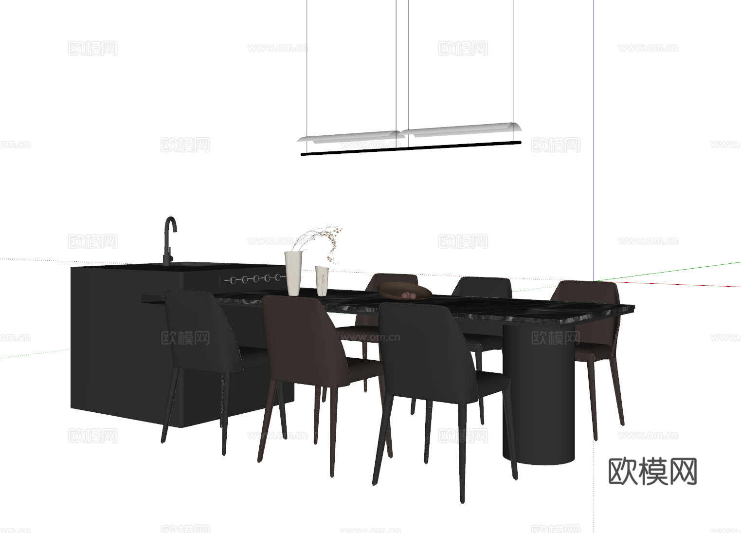 现代意式餐桌椅 岛台餐桌su模型