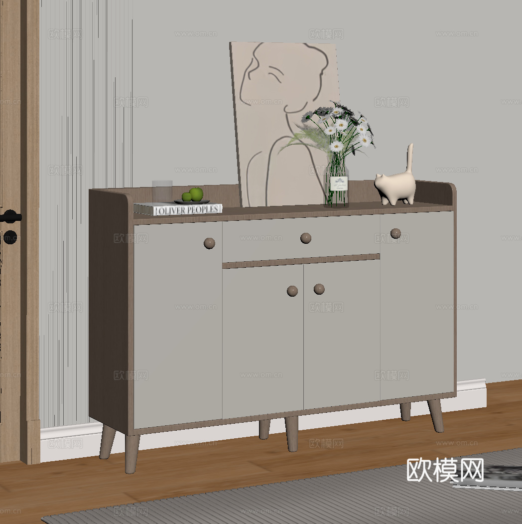 现代奶油风鞋柜 玄关柜su模型
