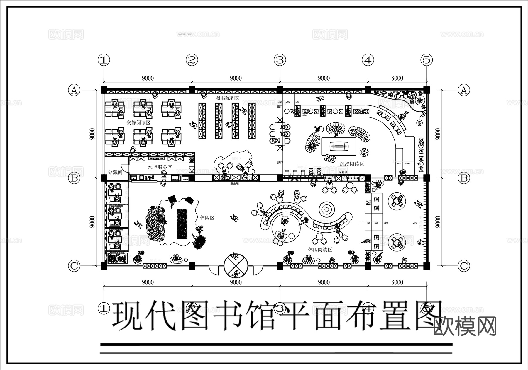 现代图书馆平面图CADcad施工图下载