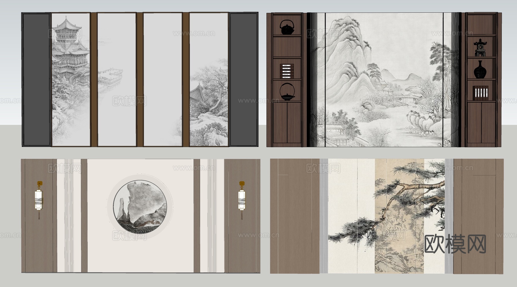 新中式餐厅背景墙 包厢背景墙 客厅背景墙su模型