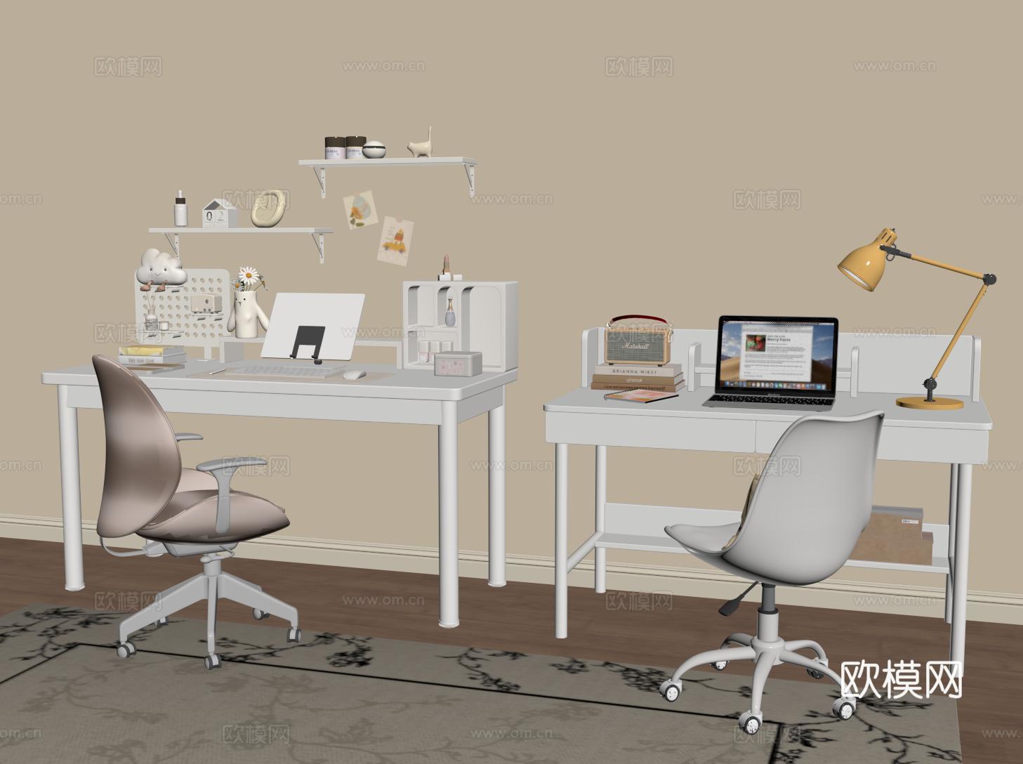 现代奶油书桌椅 儿童书桌椅su模型