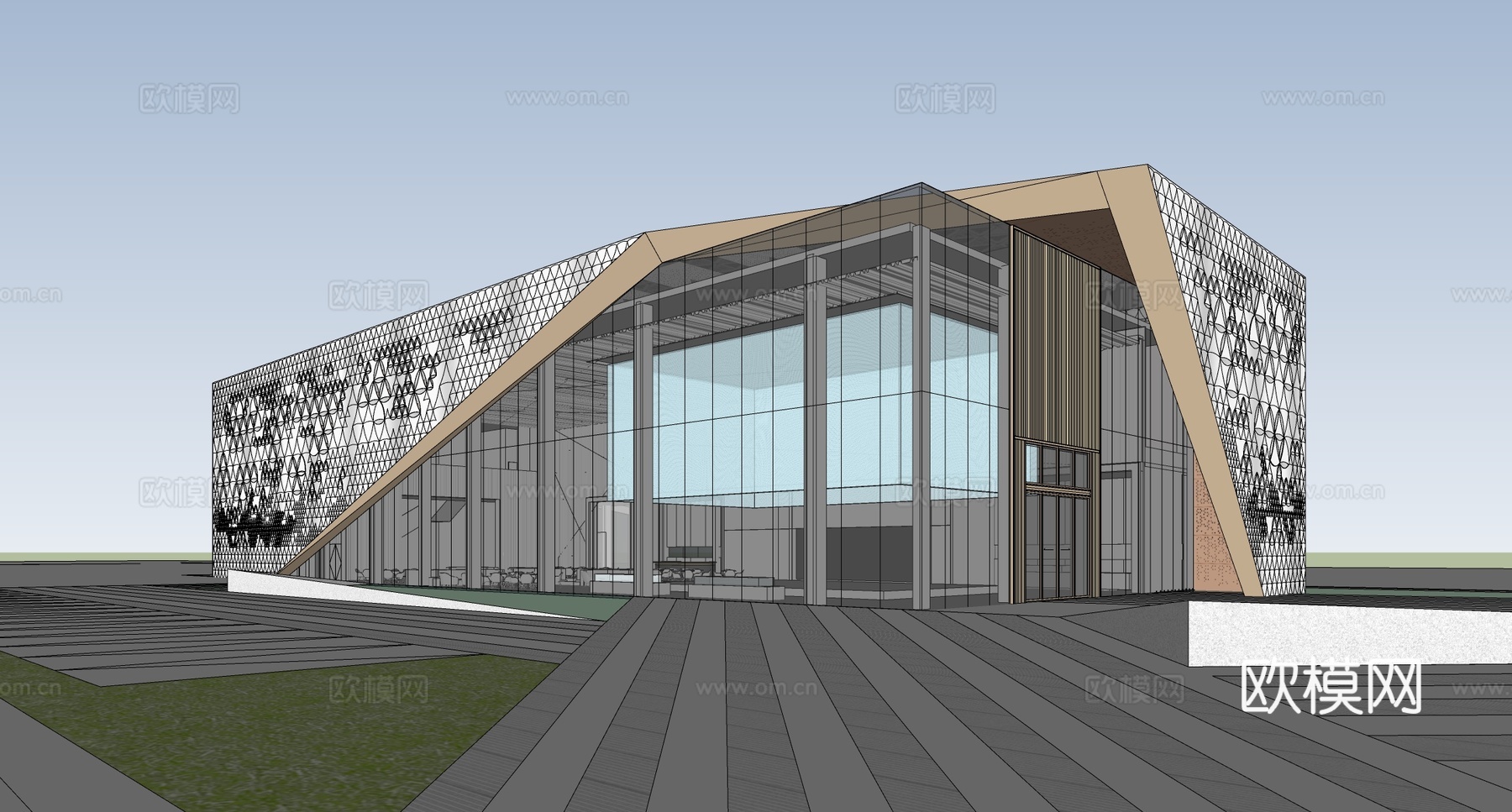 现代售楼处建筑 售楼部建筑 方形建筑su模型