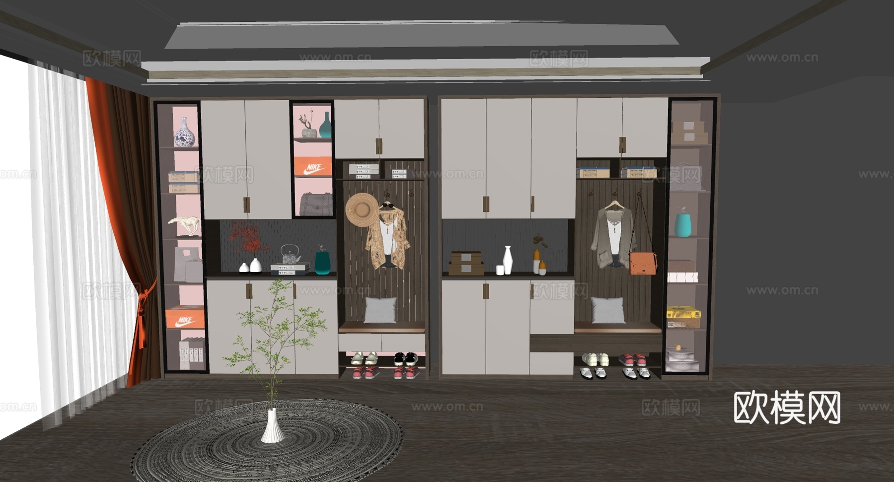 现代简约墙面挂衣区 挂钩板 玄关衣柜 装饰藤编草帽 墙面挂件su模型