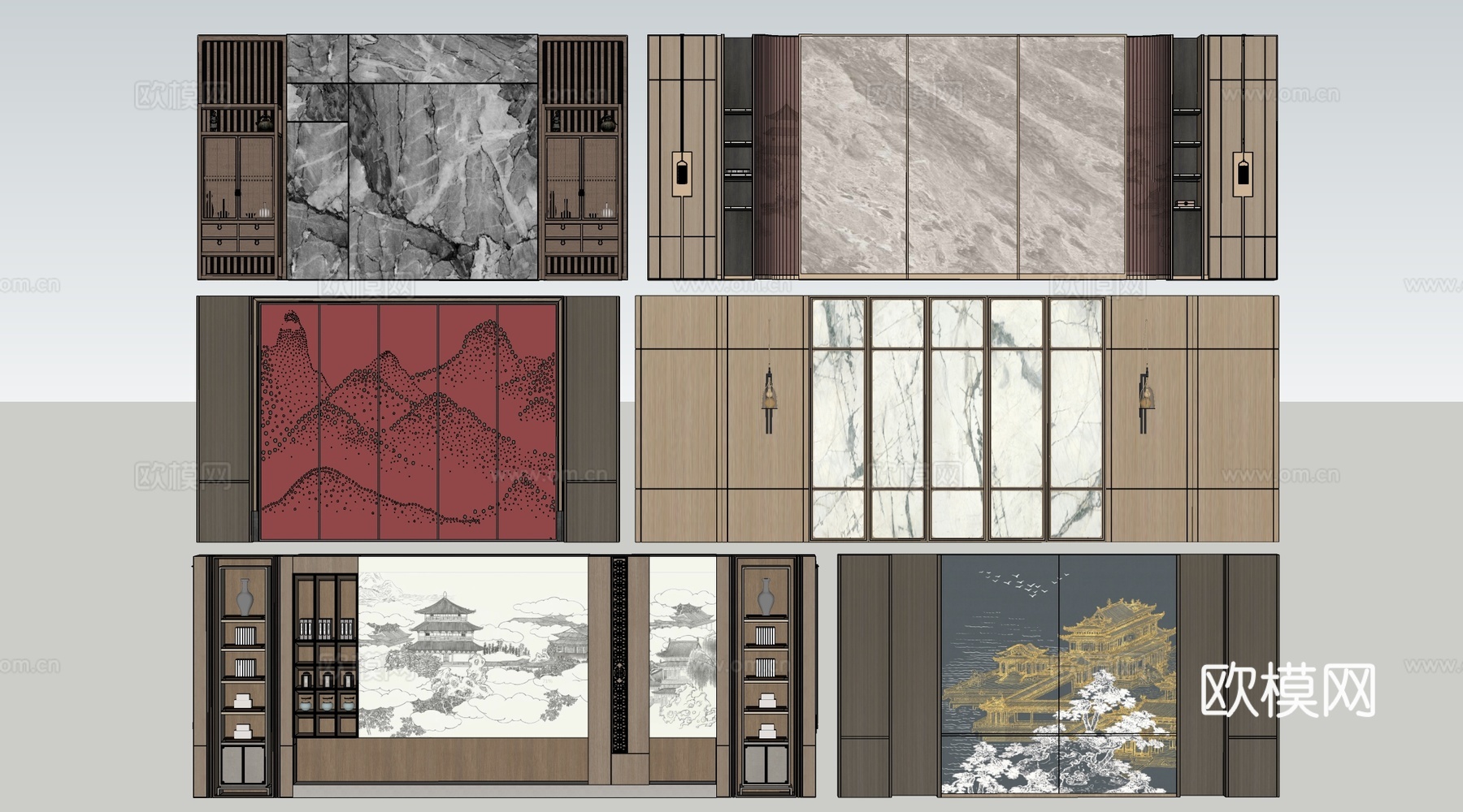 新中式餐厅背景墙 包厢背景墙 客厅背景墙su模型