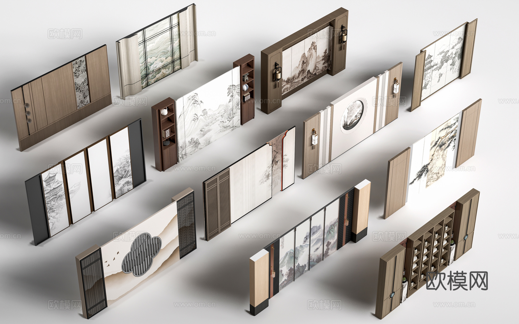 新中式餐厅背景墙 包厢背景墙 客厅背景墙su模型