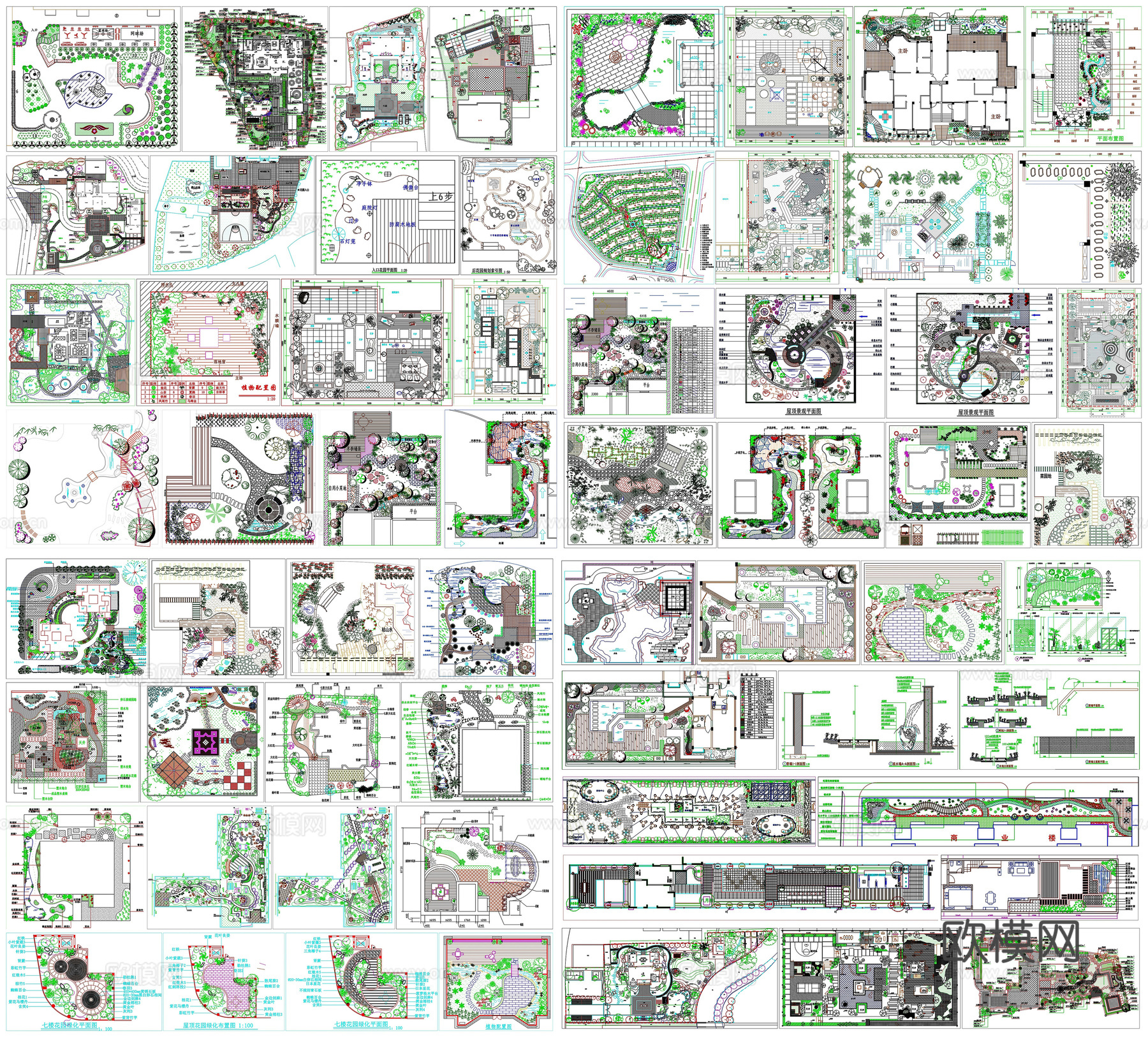 别墅庭院屋顶花园景观园林绿化平面布局图CAD素材图库cad施工图