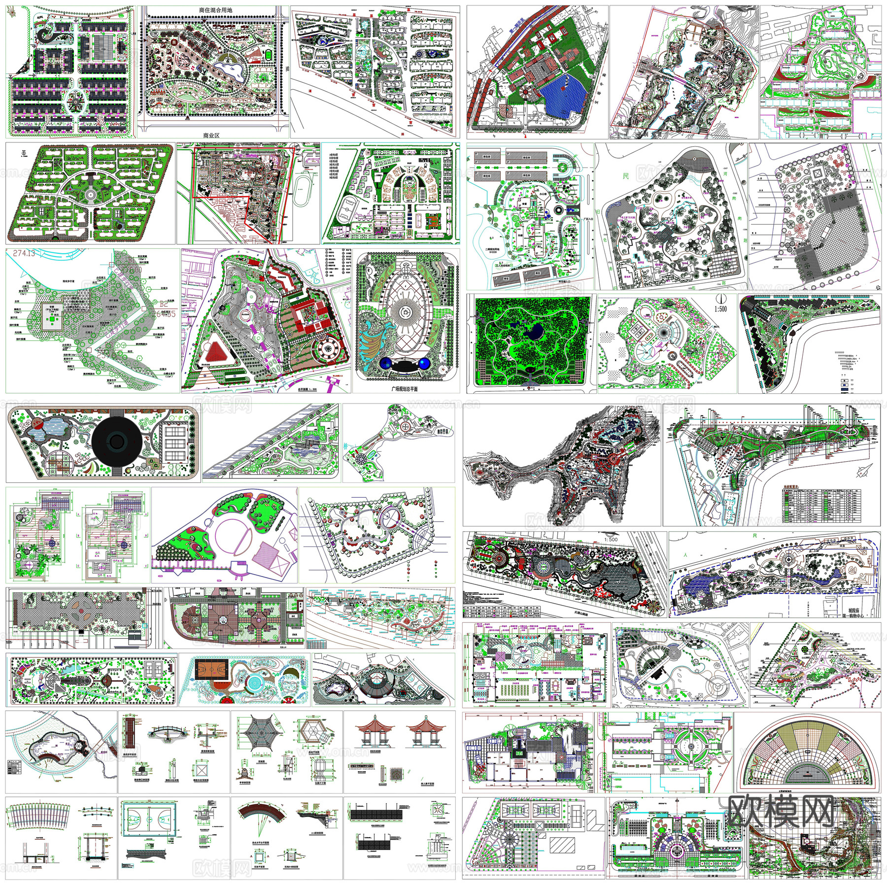 园林景观公园游园湿地广场庭院花园绿化平面布局图CAD素材图库cad施工图