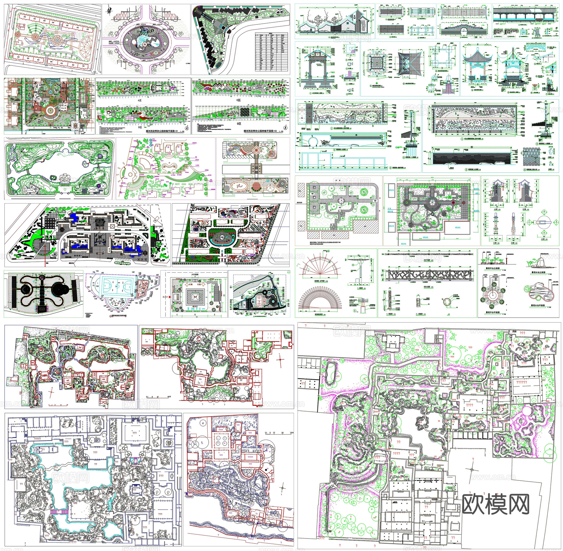 园林景观庭院花园绿化乡村公园广场小游园平面布局图CAD素材图cad施工图