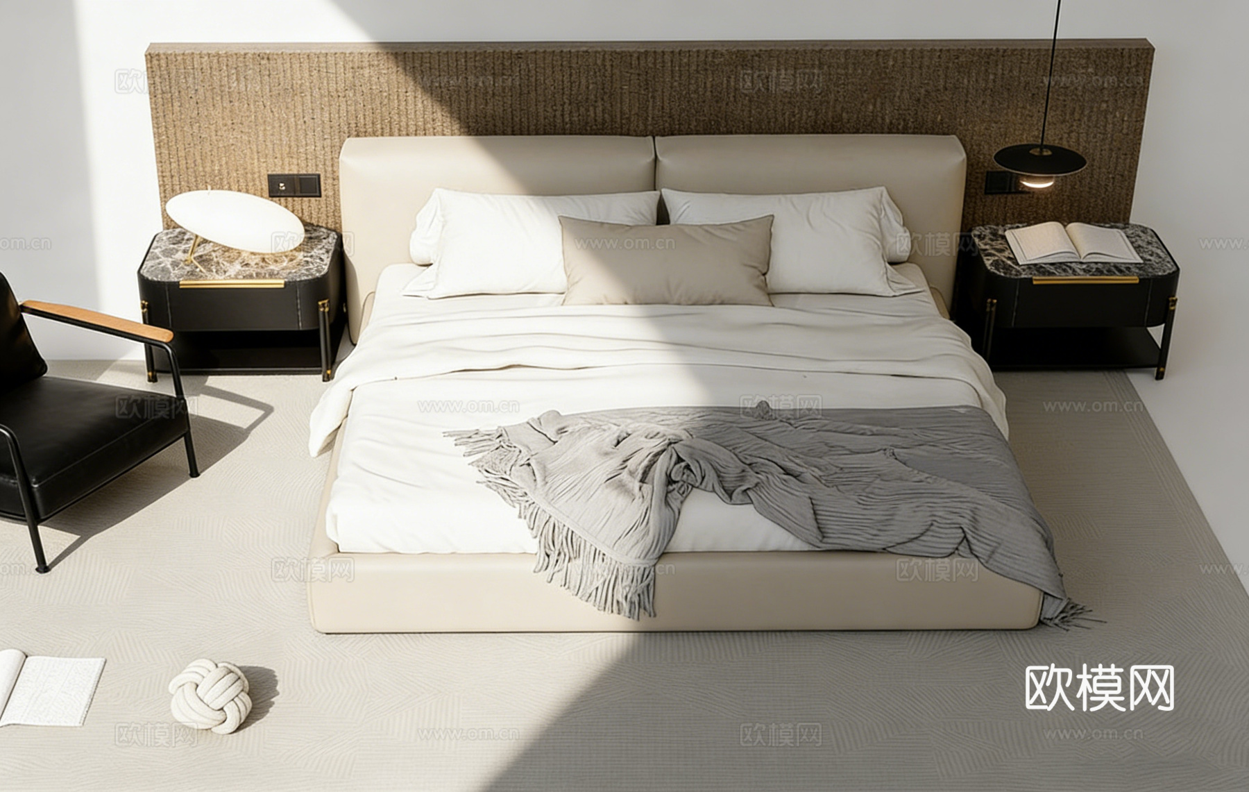 现代简约米色真皮双人床 编织肌理床头背景墙 主卧床 卧室家具su模型下载（渲染图1）