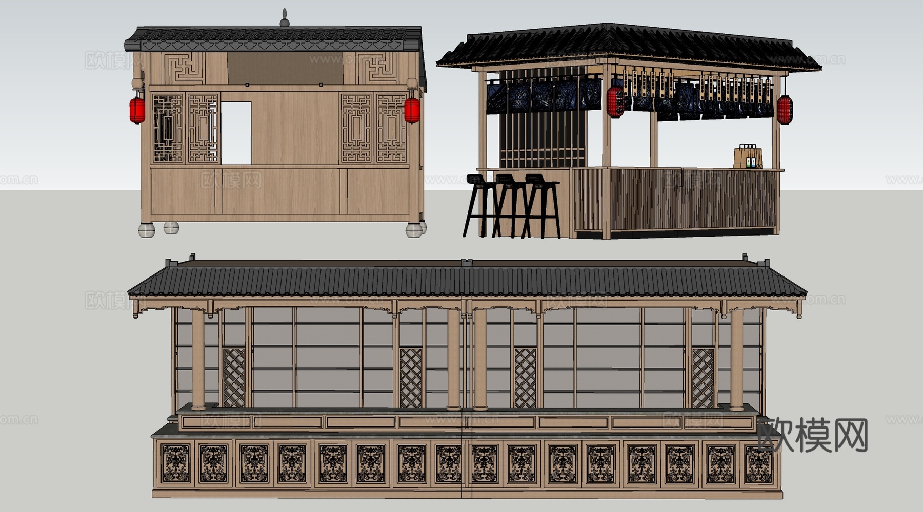 现代外摆摊位 售卖亭 售货摊位 小吃摊su模型