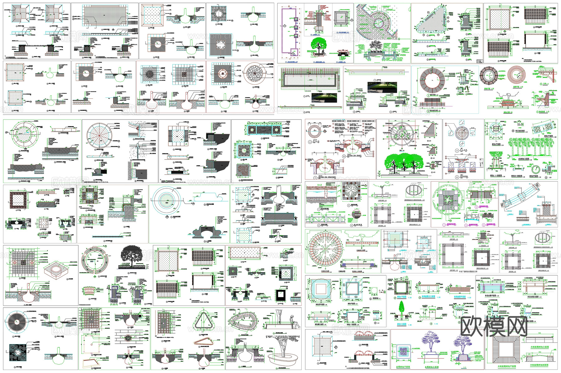 景观树池树椅树凳座凳CAD素材图库cad施工图下载