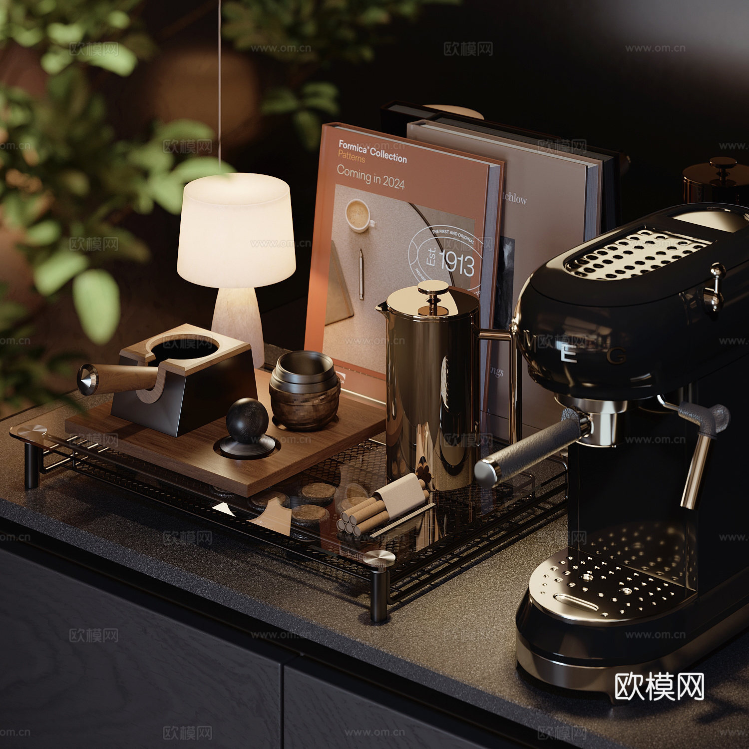 现代咖啡机书籍台灯su模型