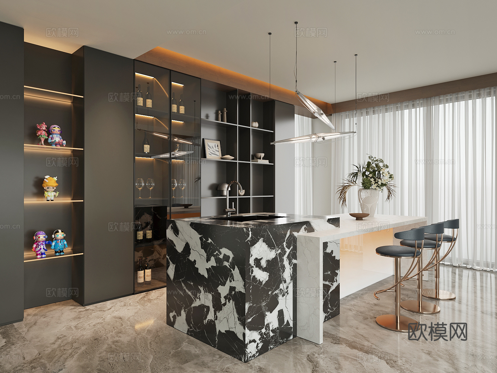 现代餐厅餐边柜餐桌椅su模型