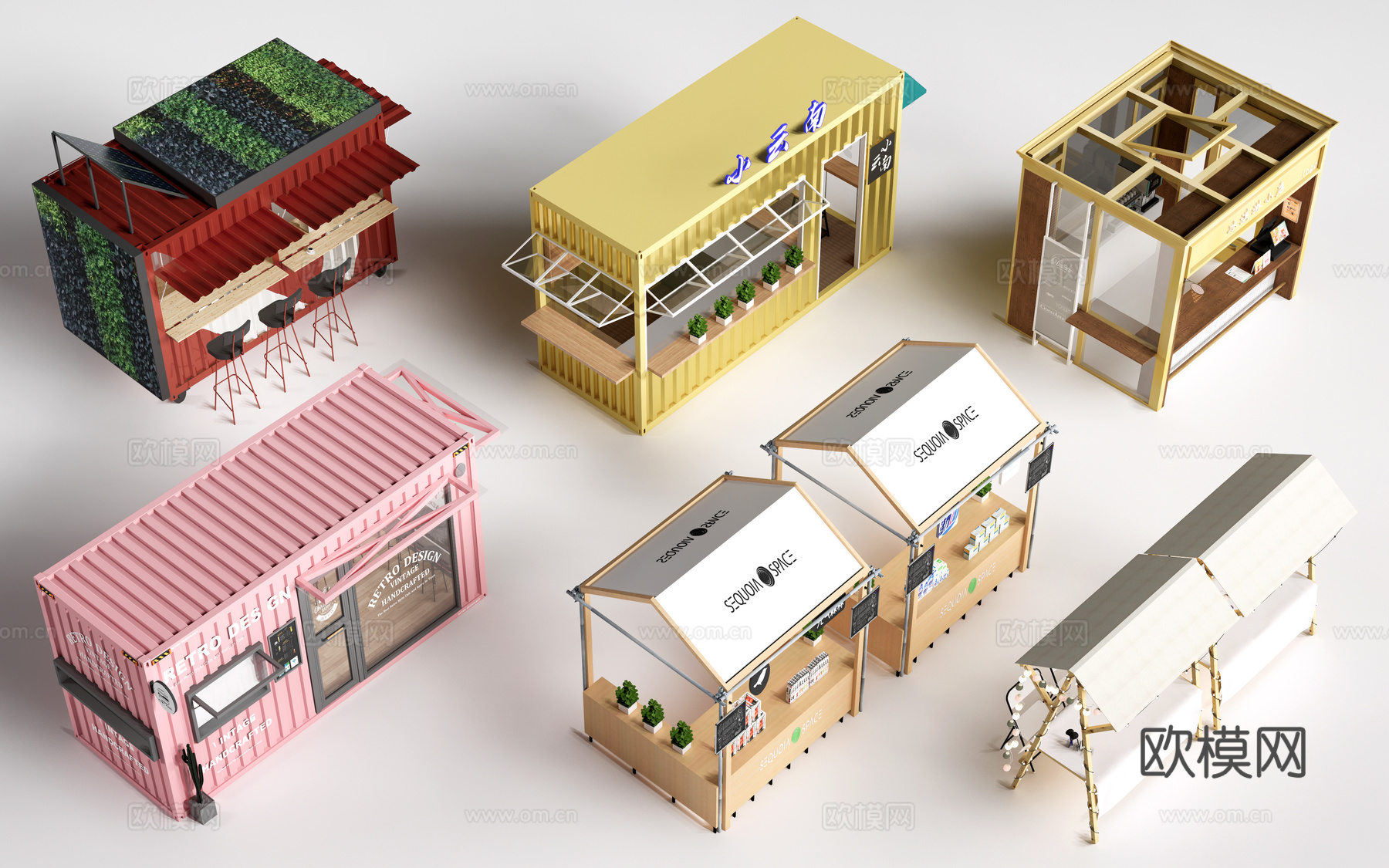 现代外摆摊位 售卖亭 售货摊位 小吃摊su模型