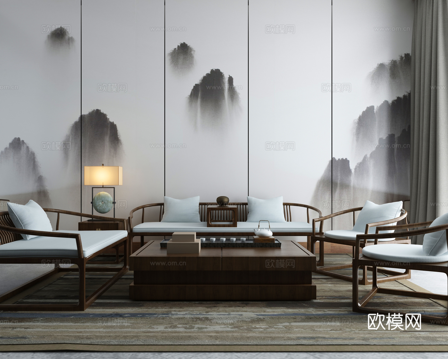 新中式沙发茶几吊灯组合3d模型