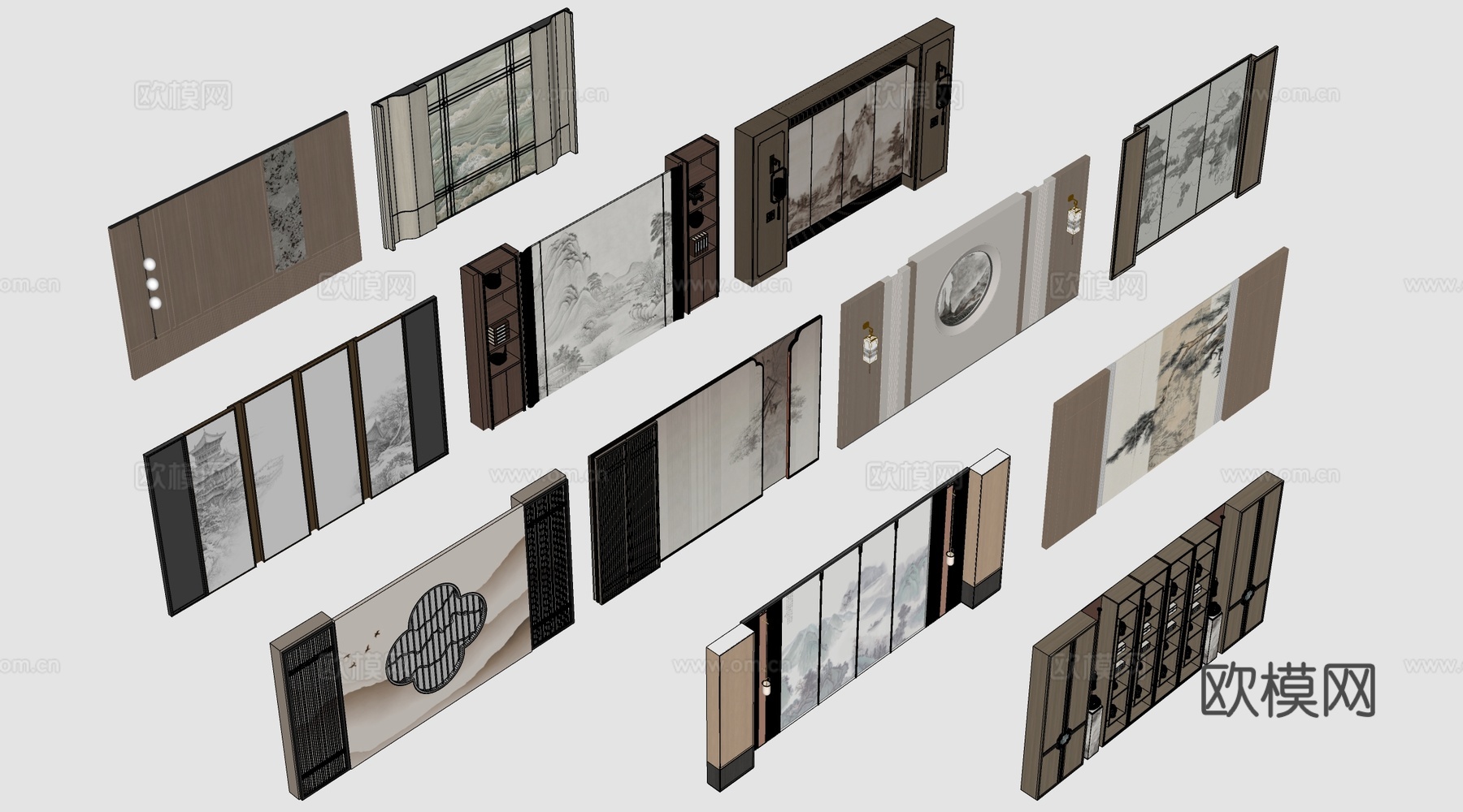 新中式餐厅背景墙 包厢背景墙 客厅背景墙su模型