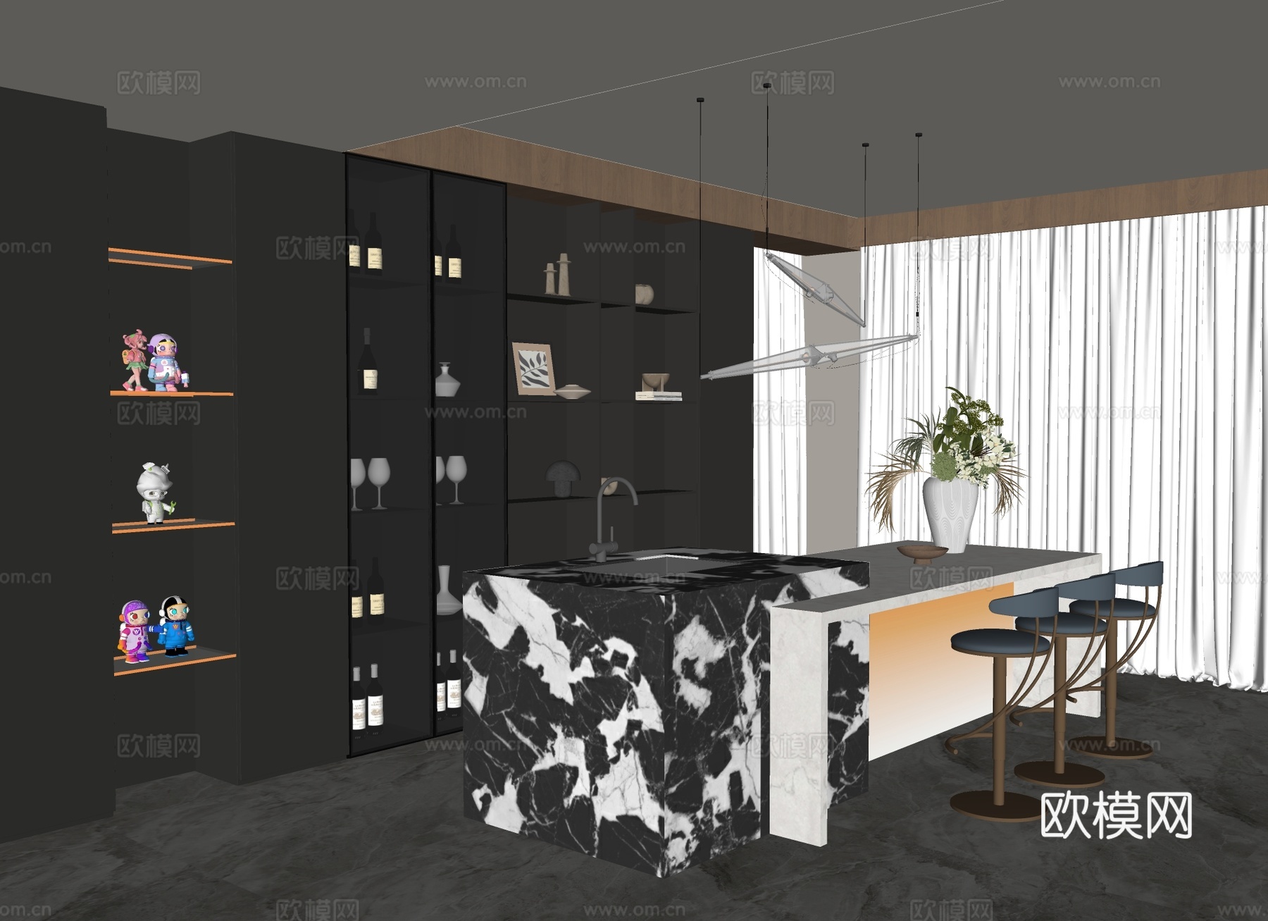 现代餐厅餐边柜餐桌椅su模型