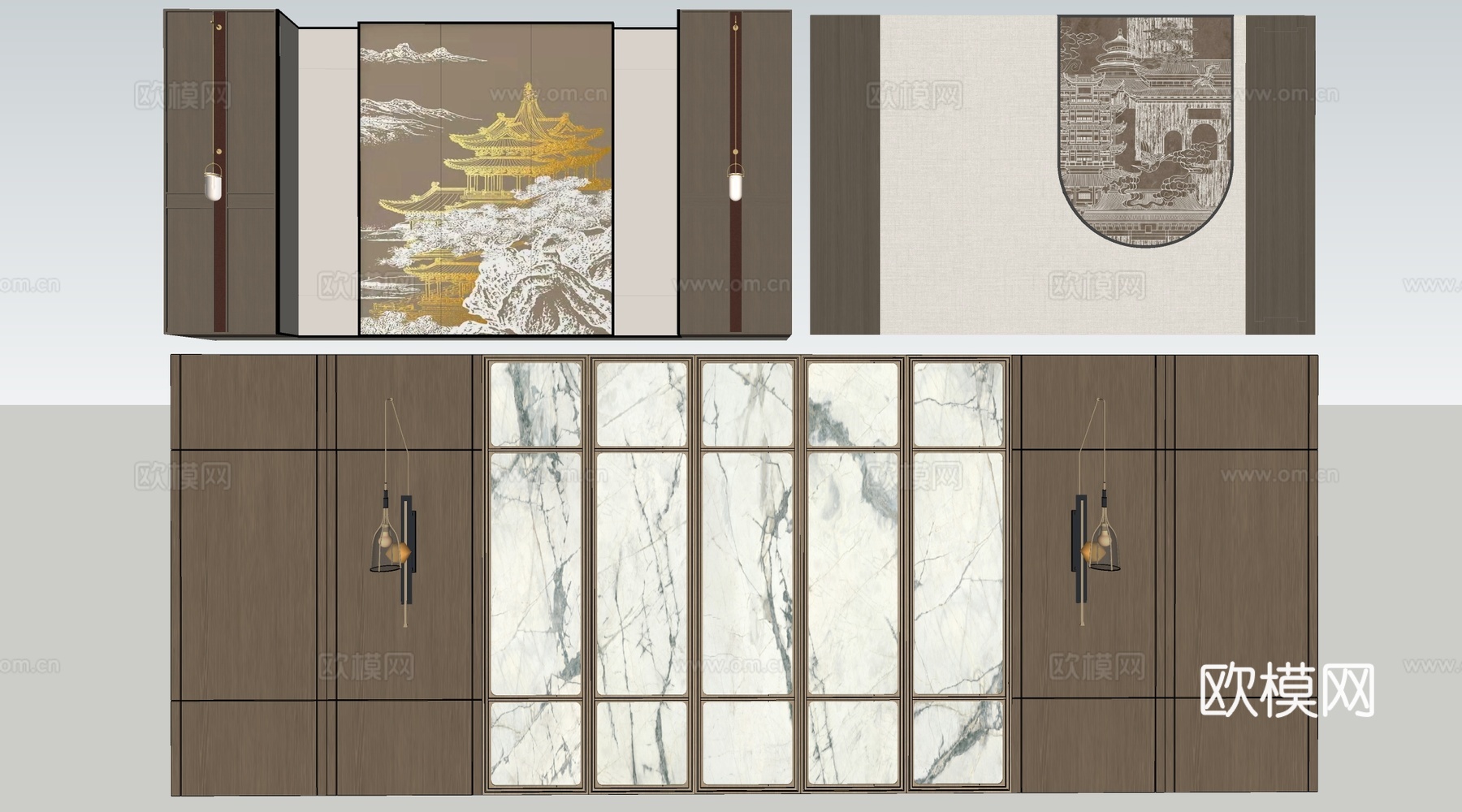 新中式餐厅背景墙 包厢背景墙 客厅背景墙su模型