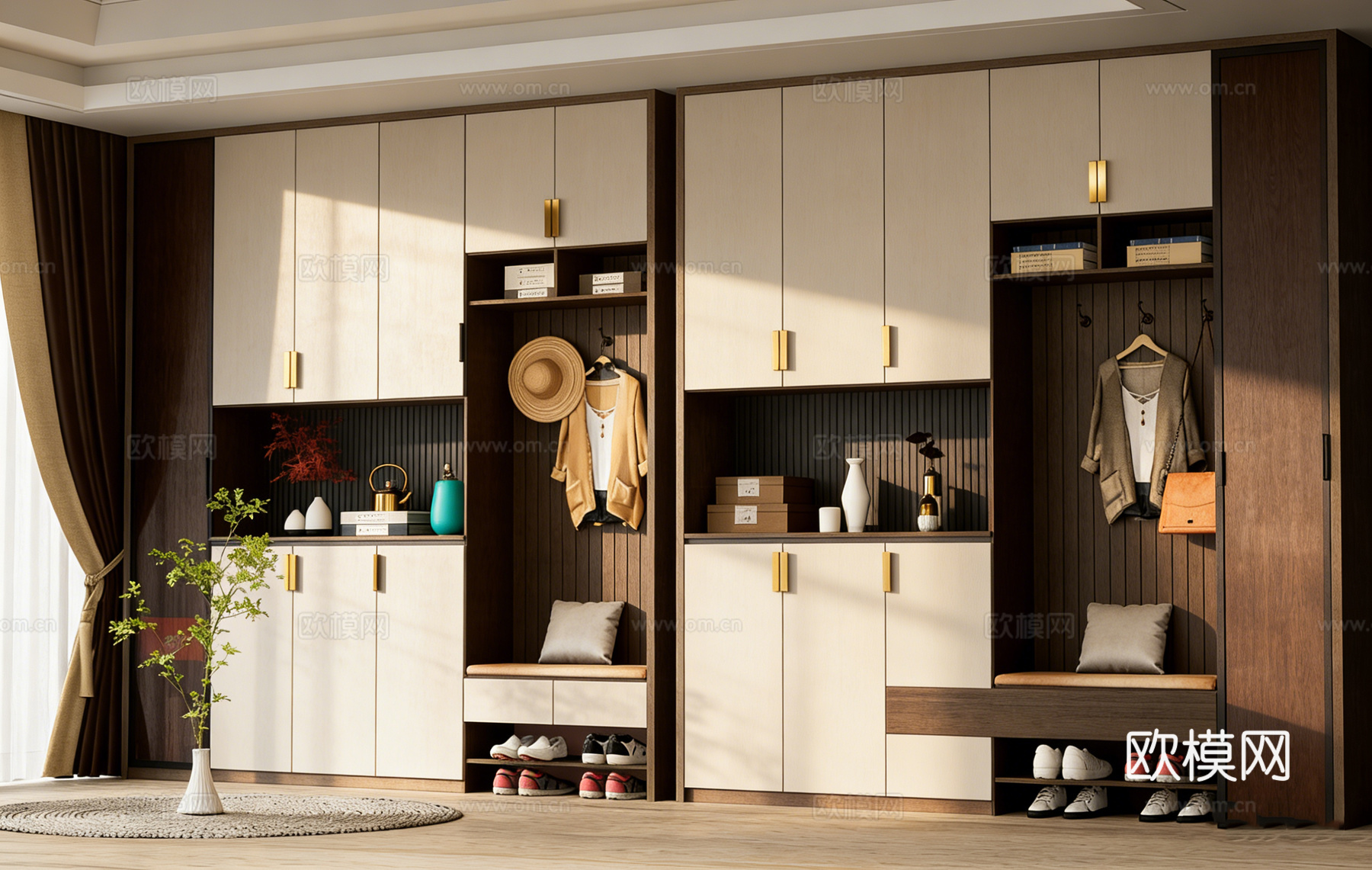 现代简约墙面挂衣区 挂钩板 玄关衣柜 装饰藤编草帽 墙面挂件su模型