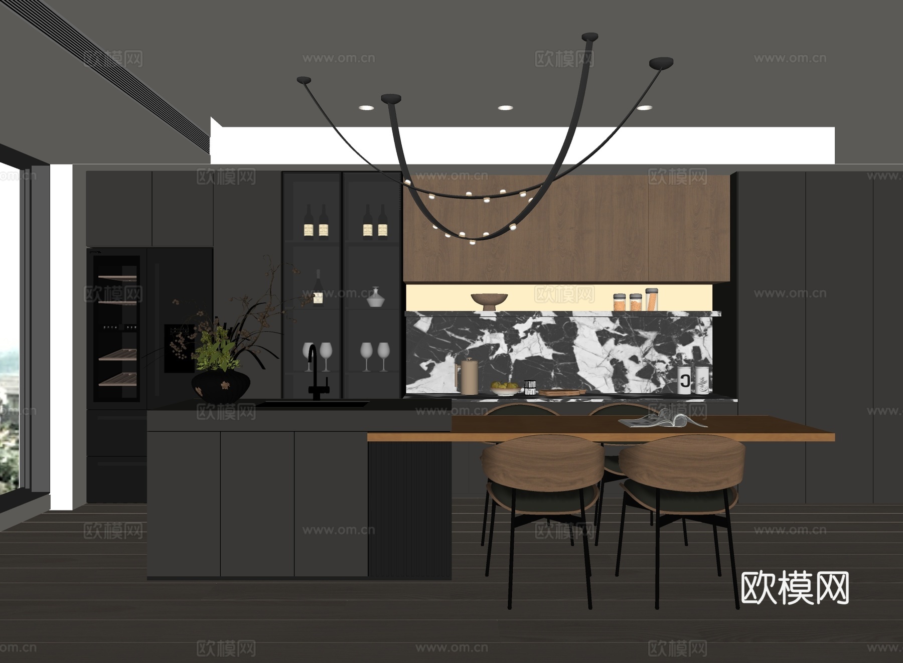 现代岛台餐厅su模型