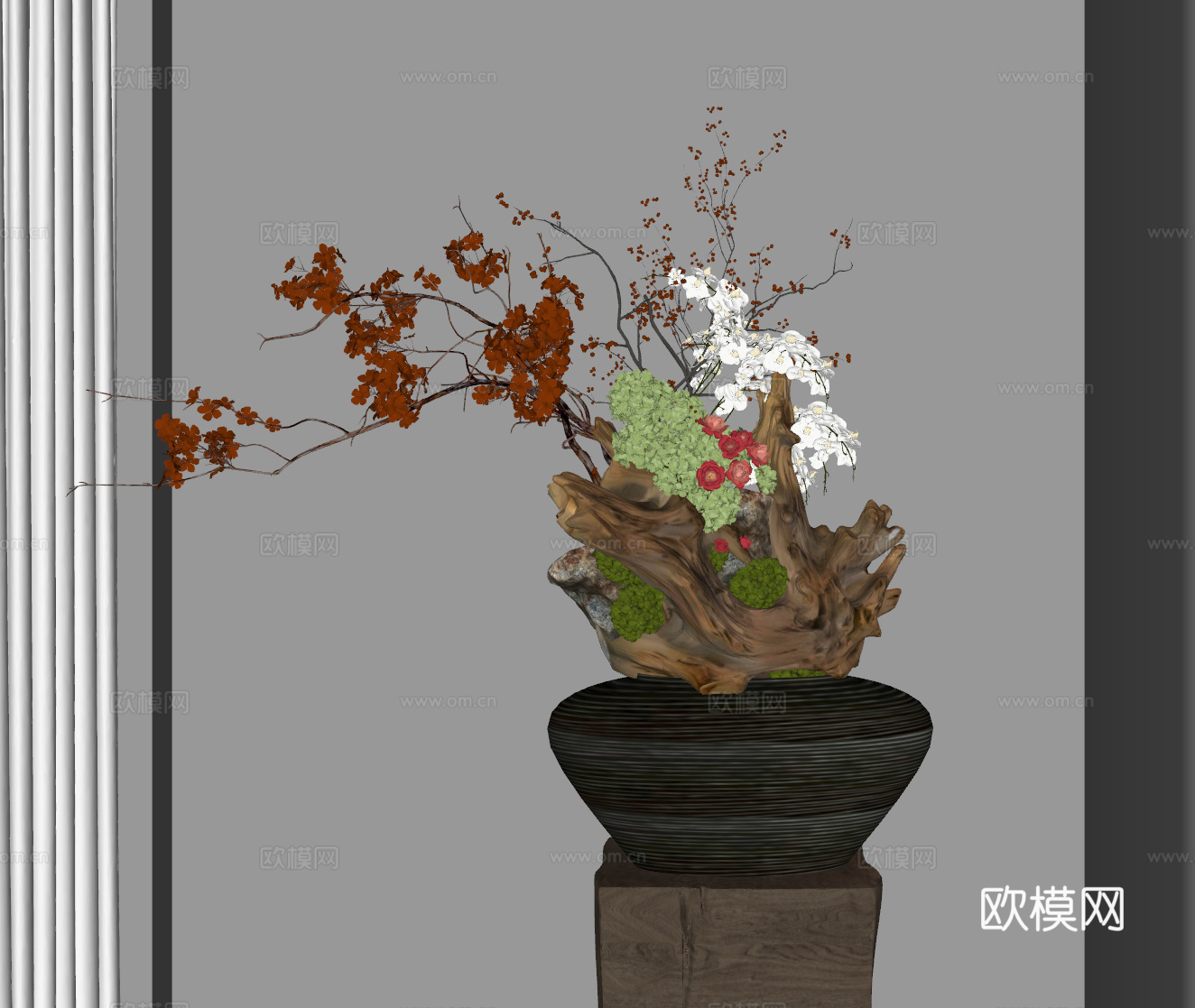 花瓶 中古花艺盆景 陶罐花瓶 干枝花艺 装饰摆件 花 现代花su模型