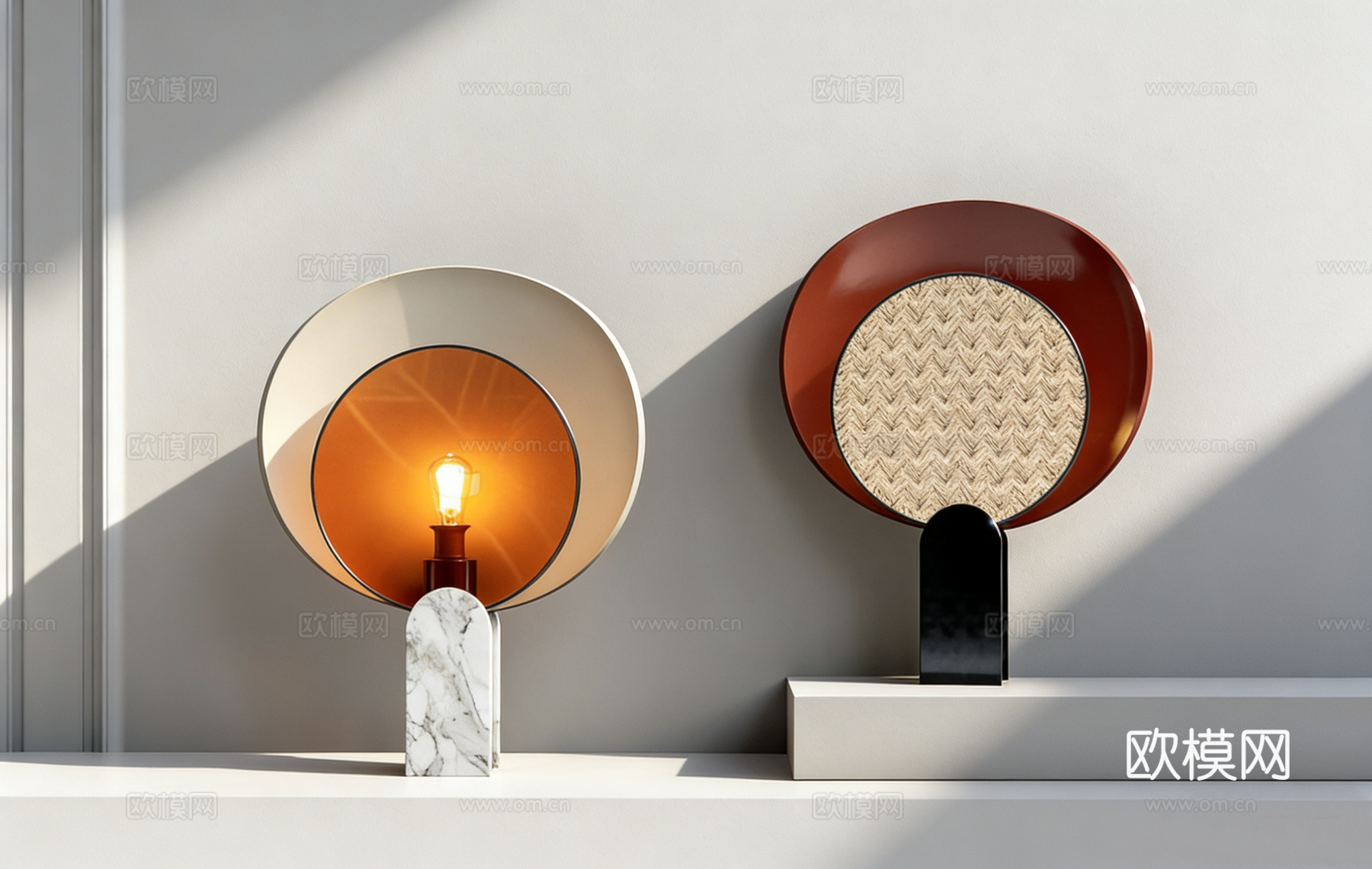 侘寂风编织纹理台灯 藤编镂空灯罩 温馨光影 大理石底座 半透su模型
